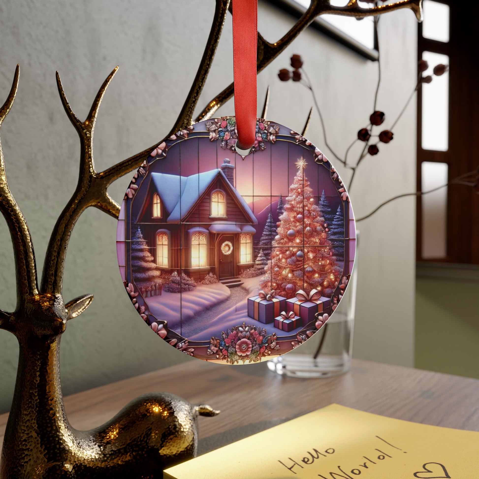 Pink Christmas House Ornament Acrylic with Ribbon Perfect Holiday Decor, Unique Christmas Gift Idea, Pastel Holiday Decoration, Cozy Home Tree Design - MRSBYVALLE