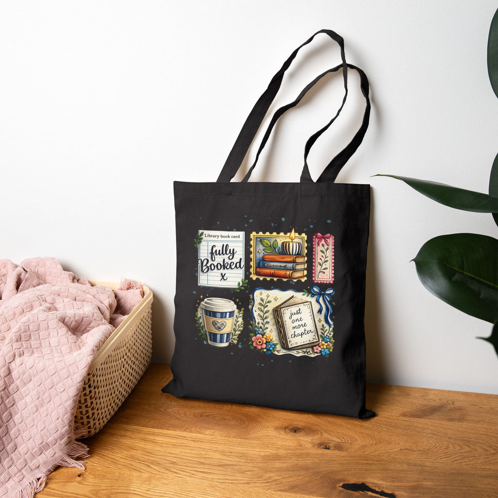 Tote Bag — "Fully Booked" Book Lover Canvas Tote with Stack of Books, Coffee & Floral Bookmark