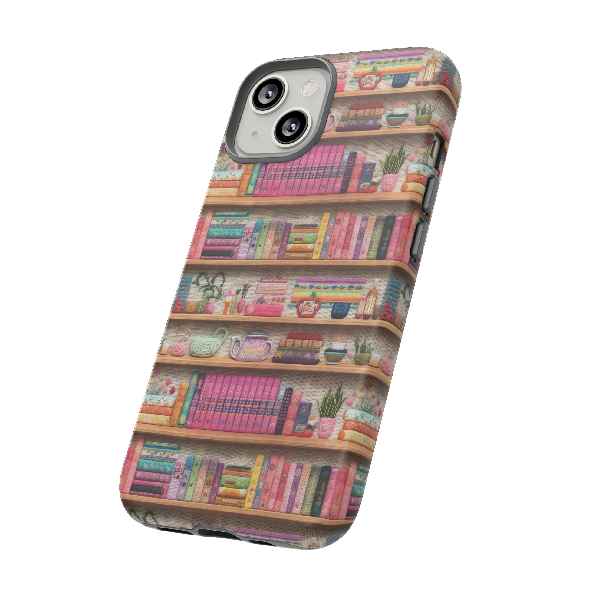 Phone Case 3D Illusion Books & Shelf Embroidery Design with Vibrant Colors Gift for Her Phone 15, Samsung iPhone Samsung Gift for Her Case iPhone 15, Samsung iPhone Samsung Accessory Gift for Her.
