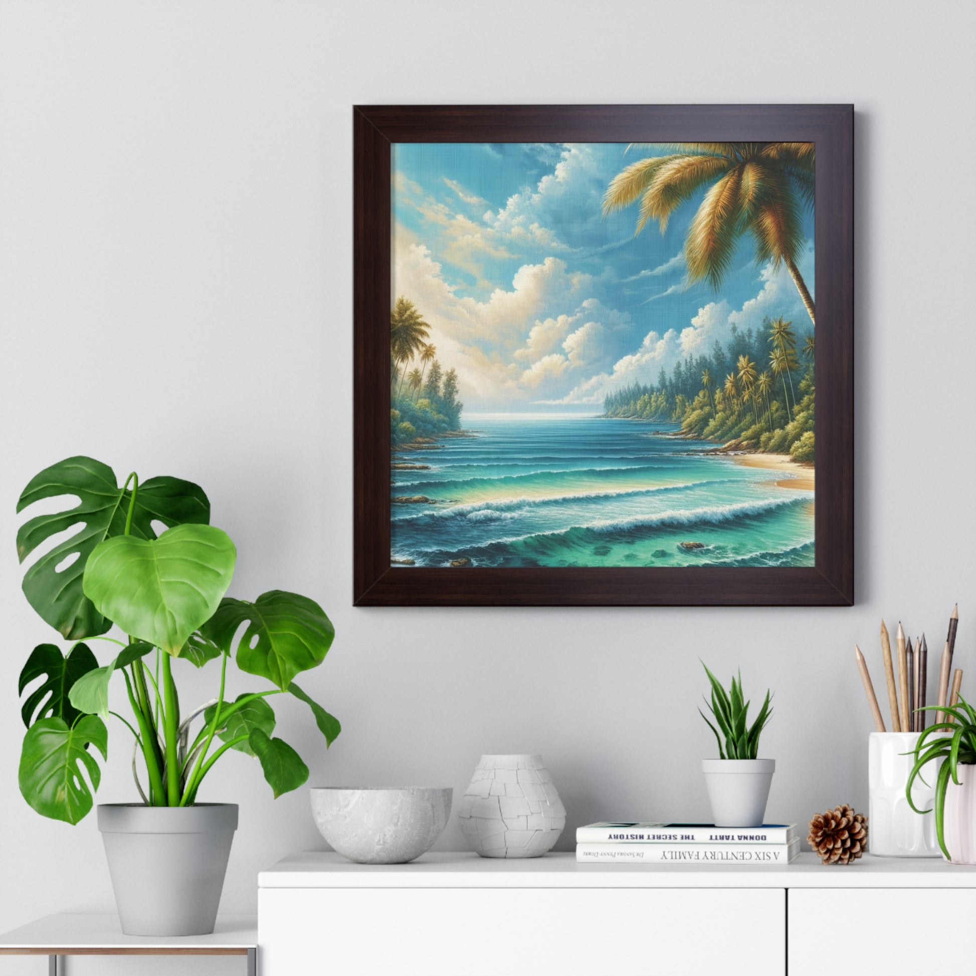 Coastal Bliss Ocean Beach View Framed Canvas Wall Art for Home Decor Framed Canvas Print Wall Art Classic Encased in Black, White, or Walnut Frames with Durable Acrylic Protection Ready to Hang  Timelessly Crafted..