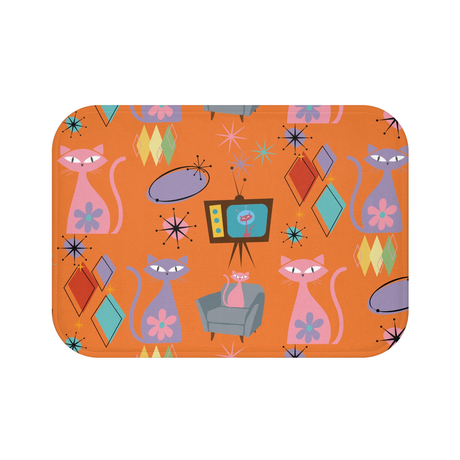Atomic Cats Retro Bath Mat | Mid Century Modern 1950s Bathroom Decor | Vintage Starburst Cat Design for Funky, Stylish Bathrooms Comfort Home