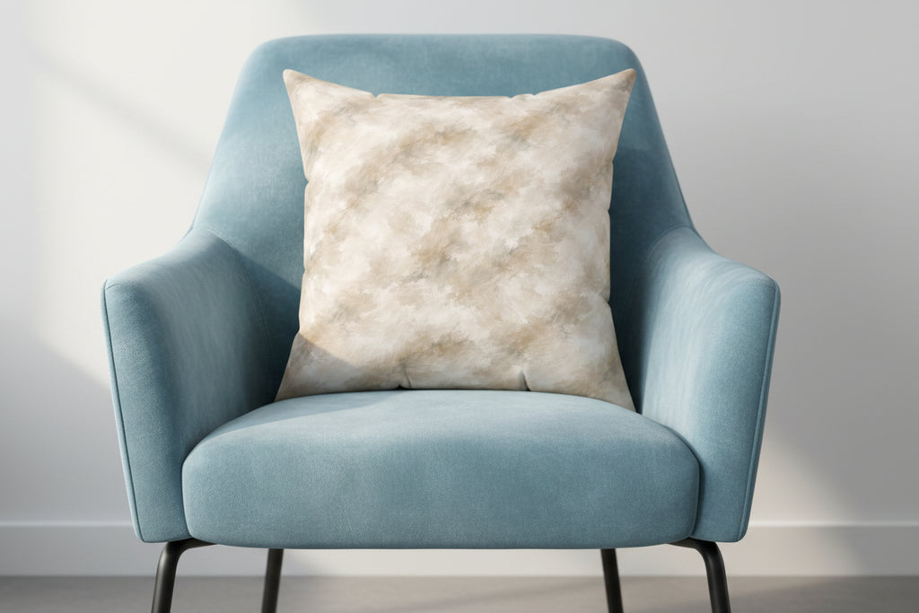 Beige and brown patterned pillow on a white background