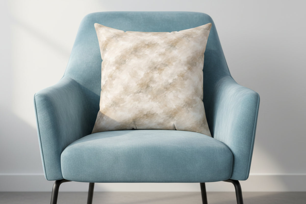Beige and brown patterned pillow on a white background
