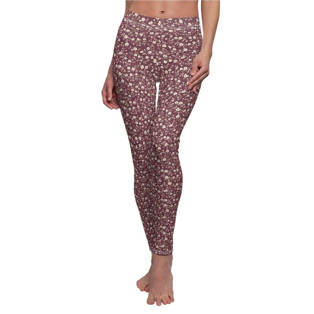 Burgundy White Floral Abstract Women's Casual Leggings Stylish, Comfortable High-Waisted Yoga Pants for Everyday Wear, Workout, and Lounge – Perfect Gift Idea for Her – Available in Plus Sizes - MRSBYVALLE