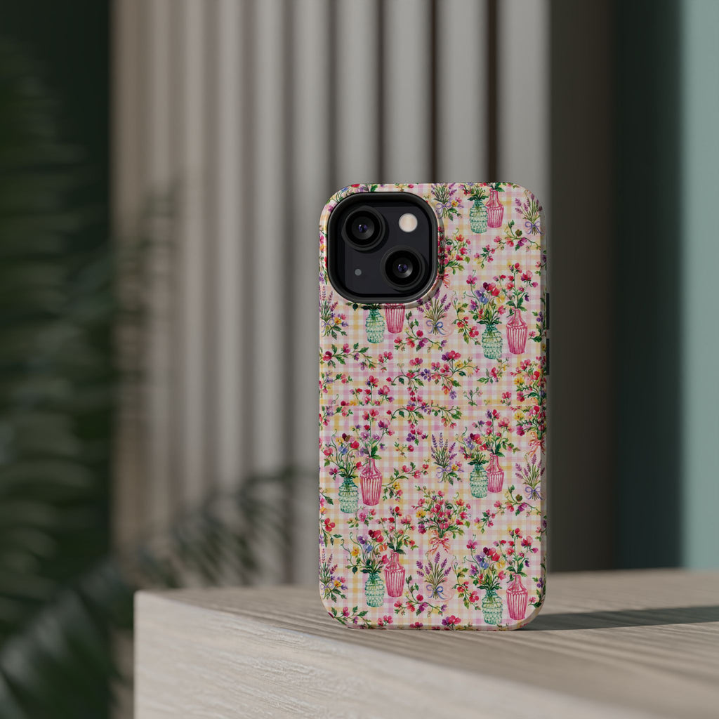 Turquoise & Pink Floral Checker Phone Case — Magnetic Impact-Resistant