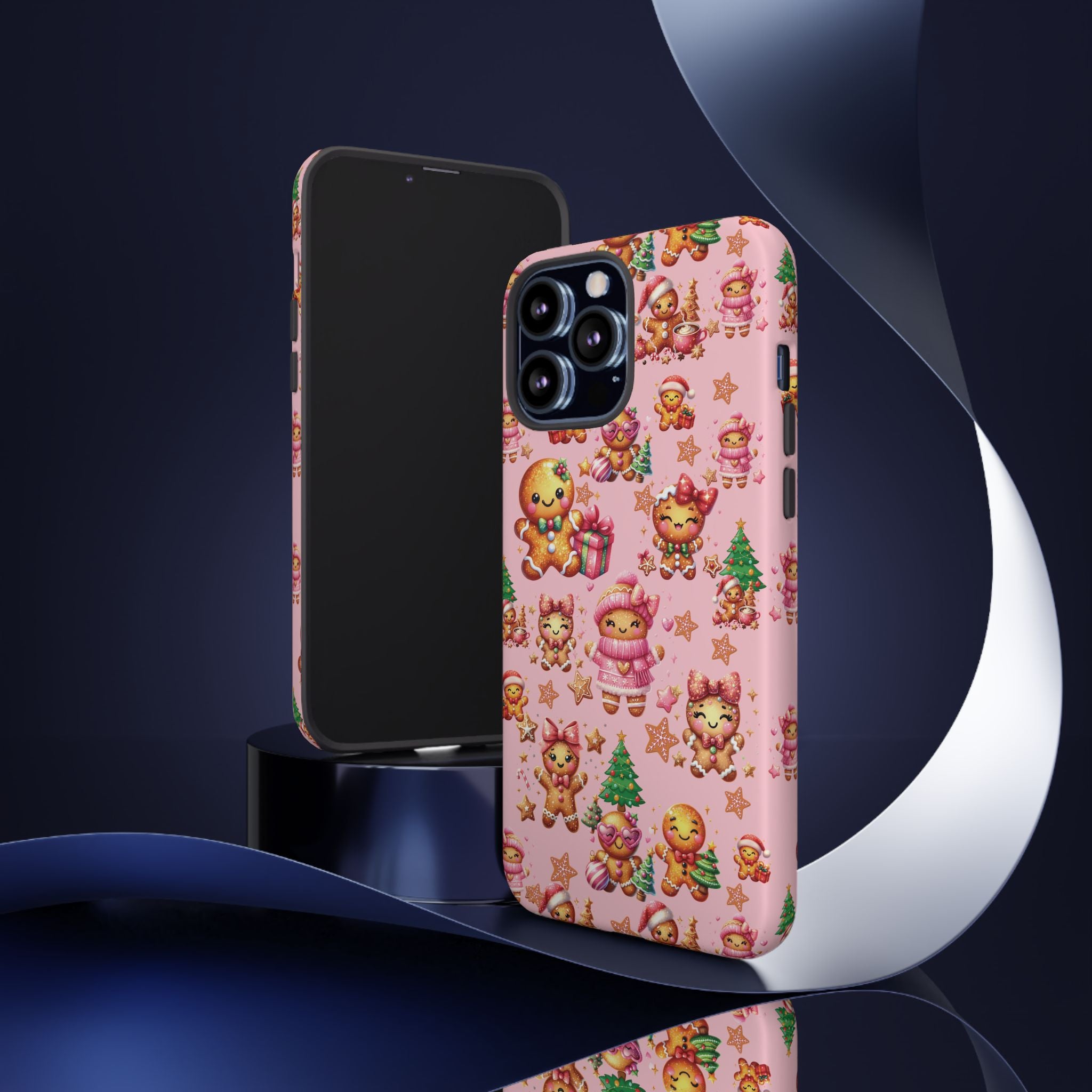 Coque de téléphone en forme de petite fille pain d'épices rose adorable, ambiance girly pour les fêtes, esthétique douce de Noël, idée cadeau mignonne et festive pour elle, housse de protection amusante