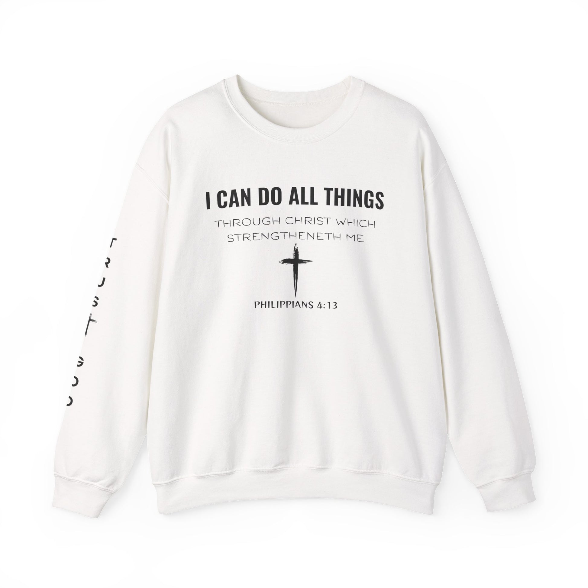 White sweatshirt with black text and cross design on a white background
