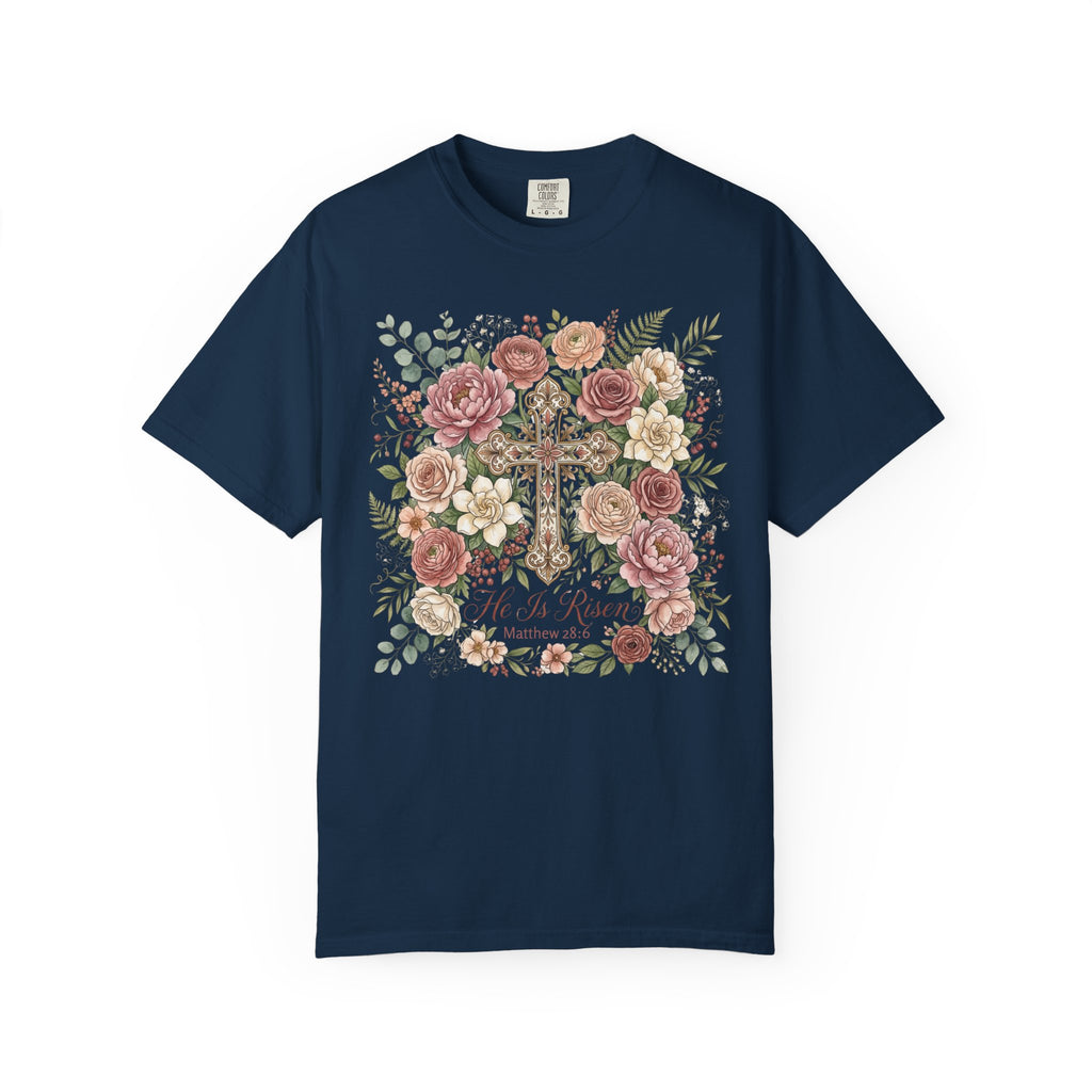He Is Risen Floral Cross T-Shirt Christian Gift