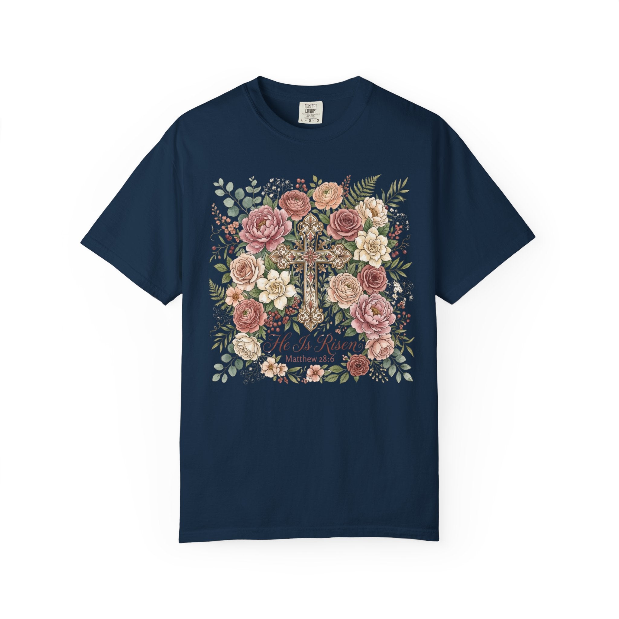 He Is Risen Floral Cross T-Shirt Christian Gift