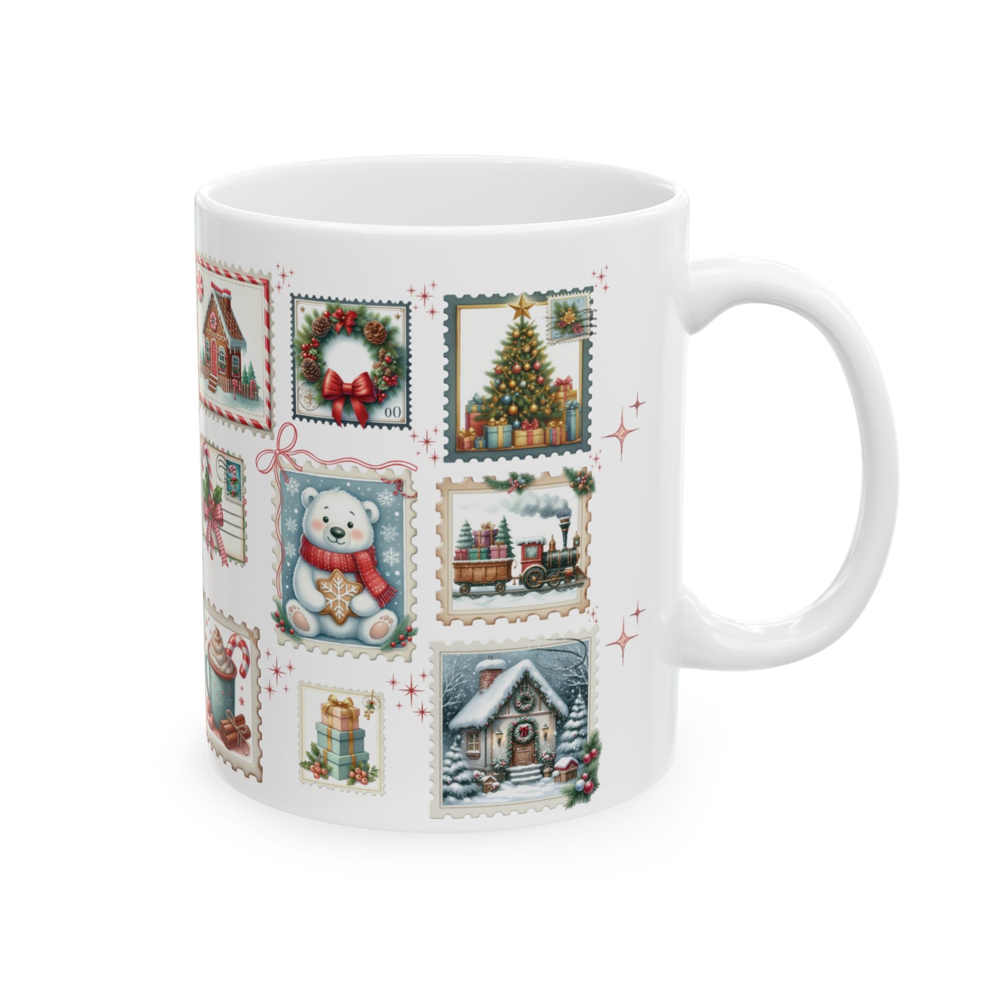 Christmas Postal Stamps Mug 15 and 11 oz Perfect for Coffee, Hot Chocolate and more