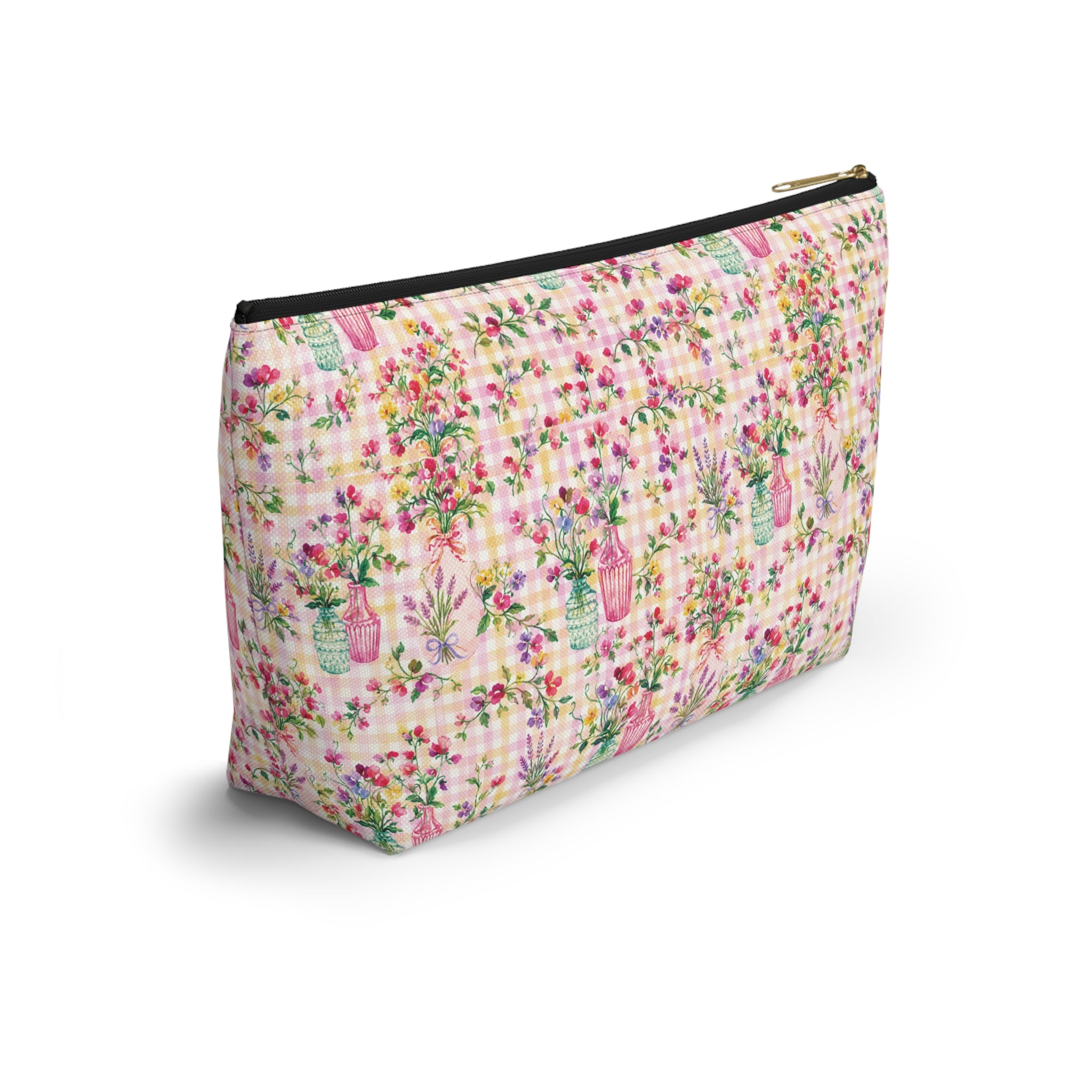 Turquoise & Pink Floral Checker Accessory Pouch (T-Bottom) Makeup, Bag Gift for Her