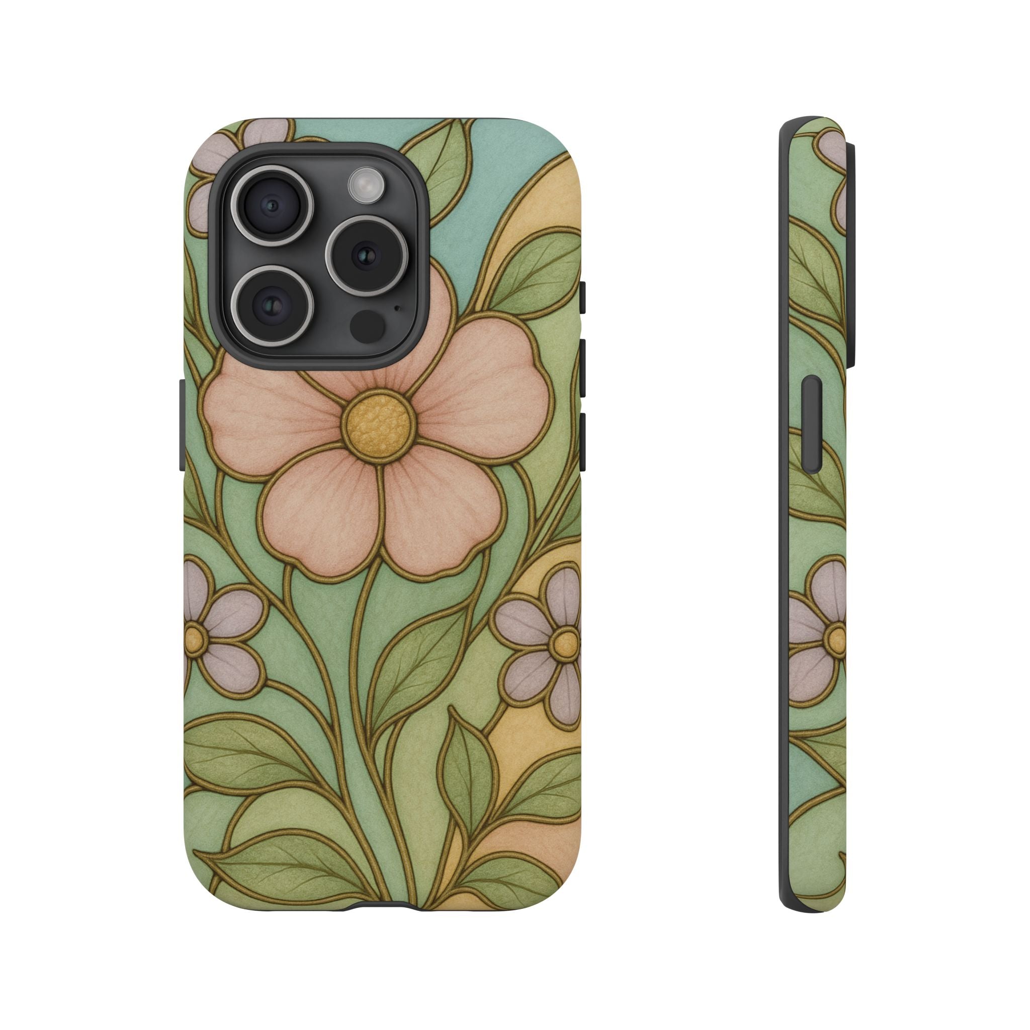 Pastel Pink, Yellow Stain Glass Illusion Floral Phone Case  Romantic Cottagecore Aesthetic, Soft Botanical Design, Protective Gift for Her, Fits iPhone & Samsung Models