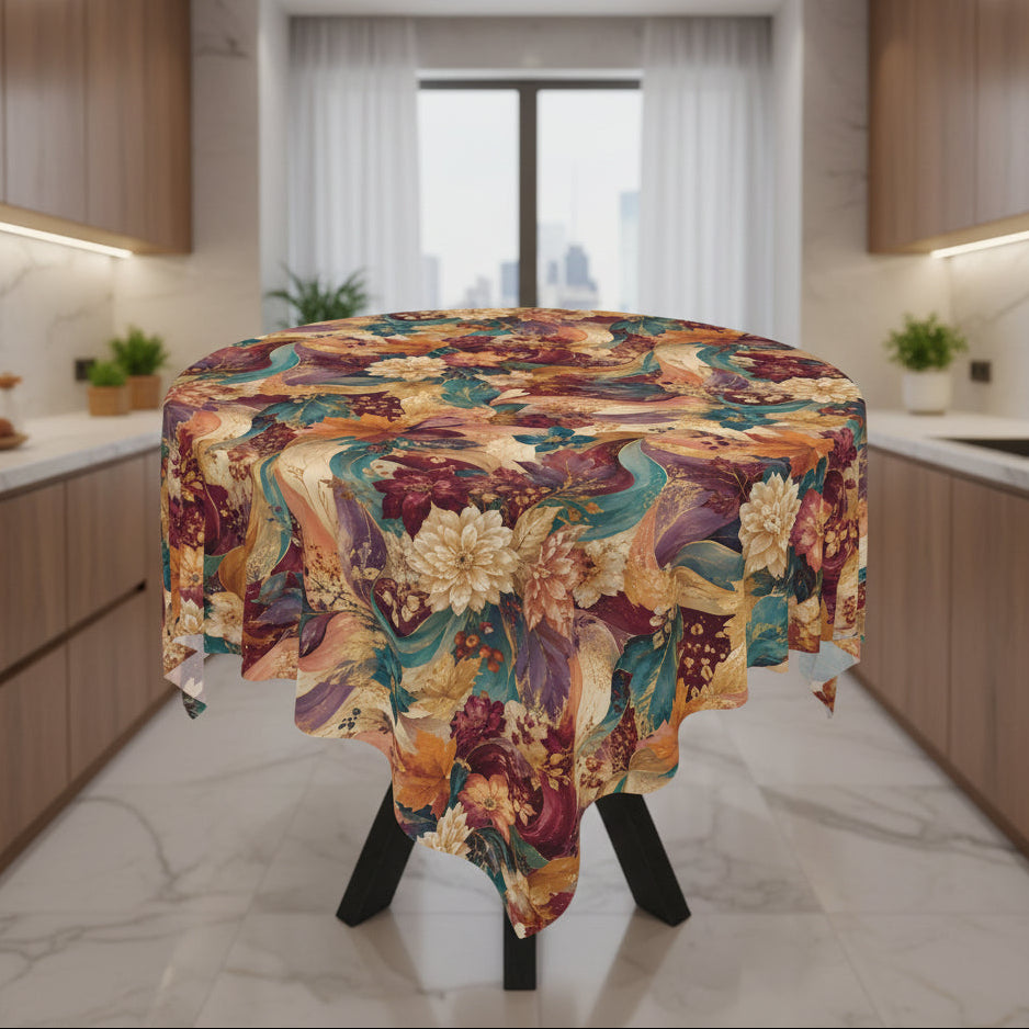 A round table covered with a richly patterned tablecloth featuring a floral and abstract design in deep burgundy, teal, gold, and cream, shown on a clean white background.