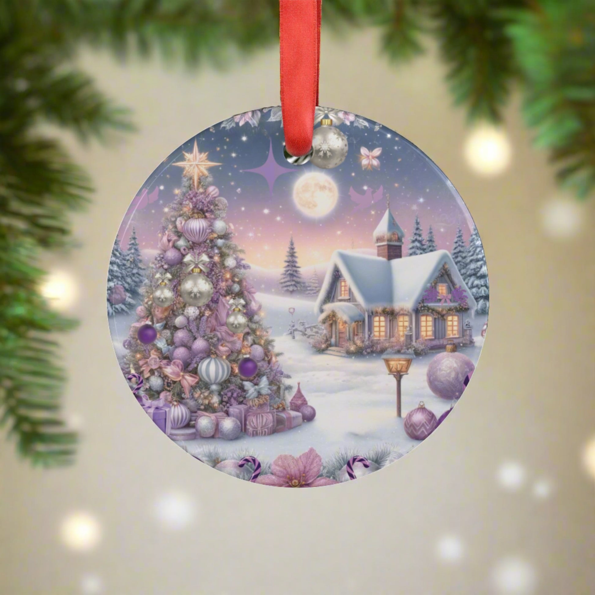 Christmas Lavender Acrylic Ornament with Ribbon Elegant and Festive Holiday Decoration Durable Holiday Keepsake | Charming Winter Design | Ideal for Tree Trimming and Gift Giving - MRSBYVALLE