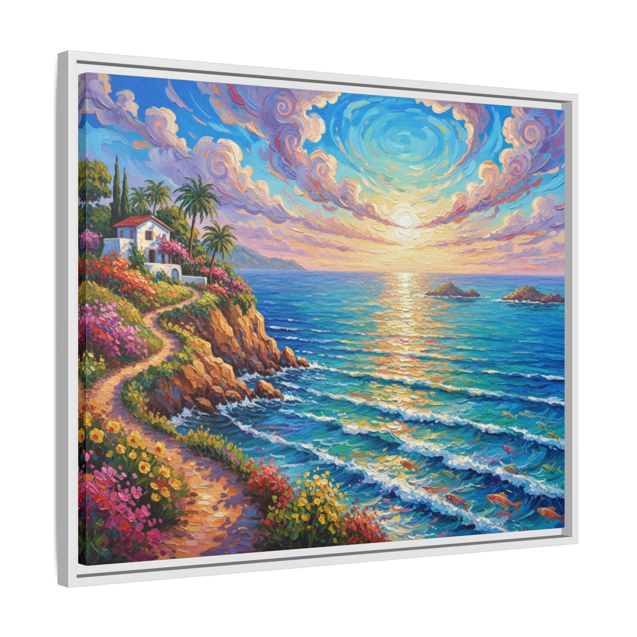 Toile imprimée florale océanique | Décoration murale colorée et lumineuse de paysage marin, œuvre d'art de bureau encadrée et mate