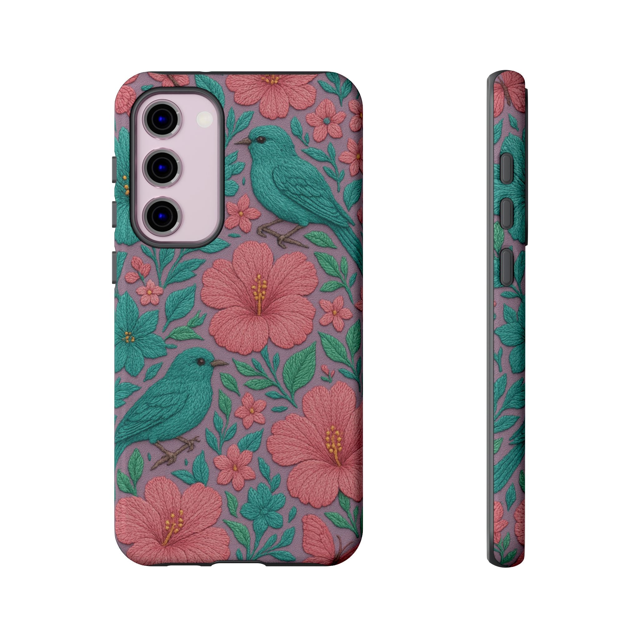 Turquoise, Pink and Lavender 3D Embroidery Illusion Phone Case Tropical Flowers, Birds & Butterflies Cover with Bold, Realistic Floral Texture iPhone, Samsung