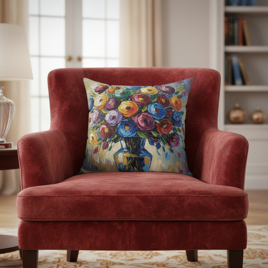 Decorative pillow with a colorful floral painting on a white background