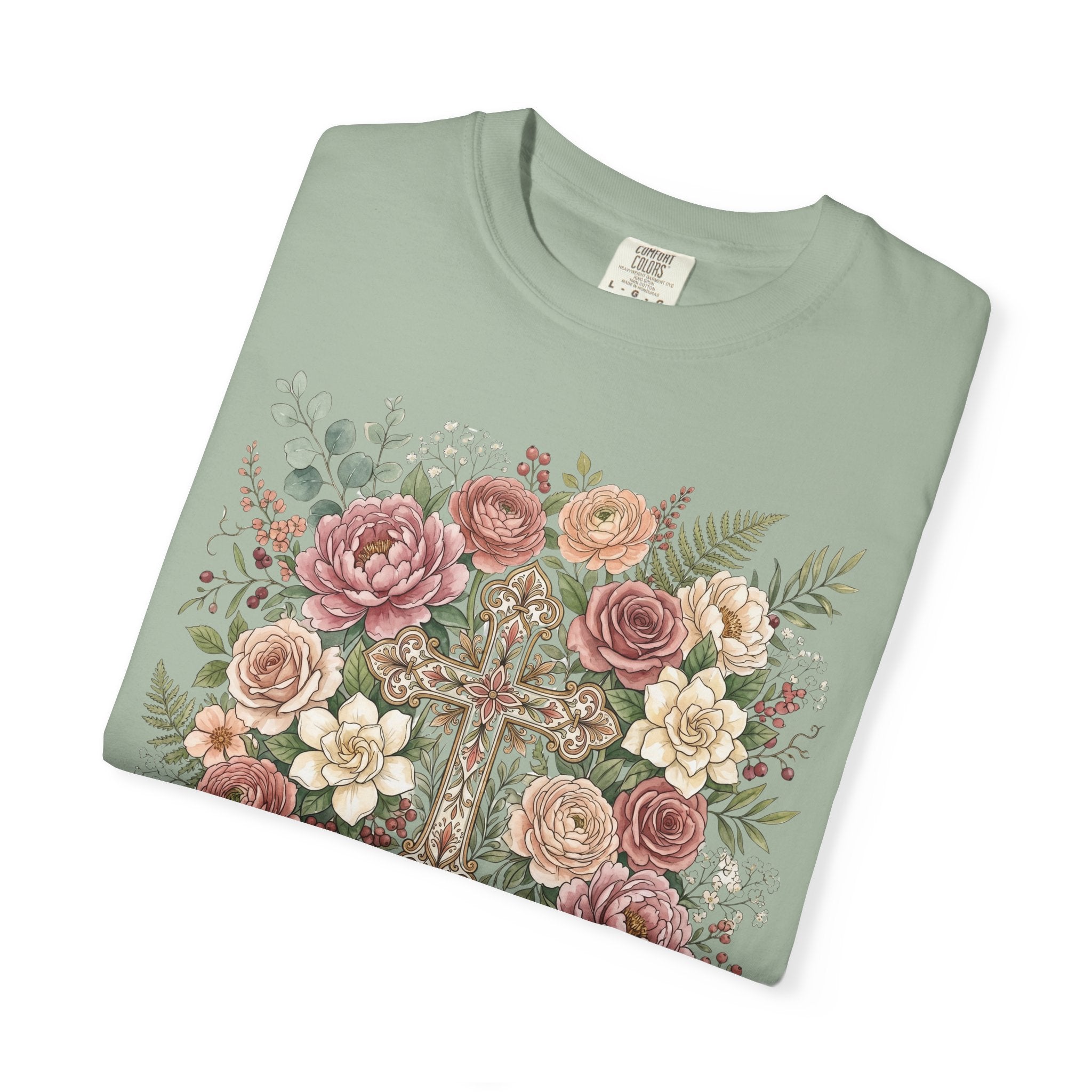He Is Risen Floral Cross T-Shirt Christian Gift