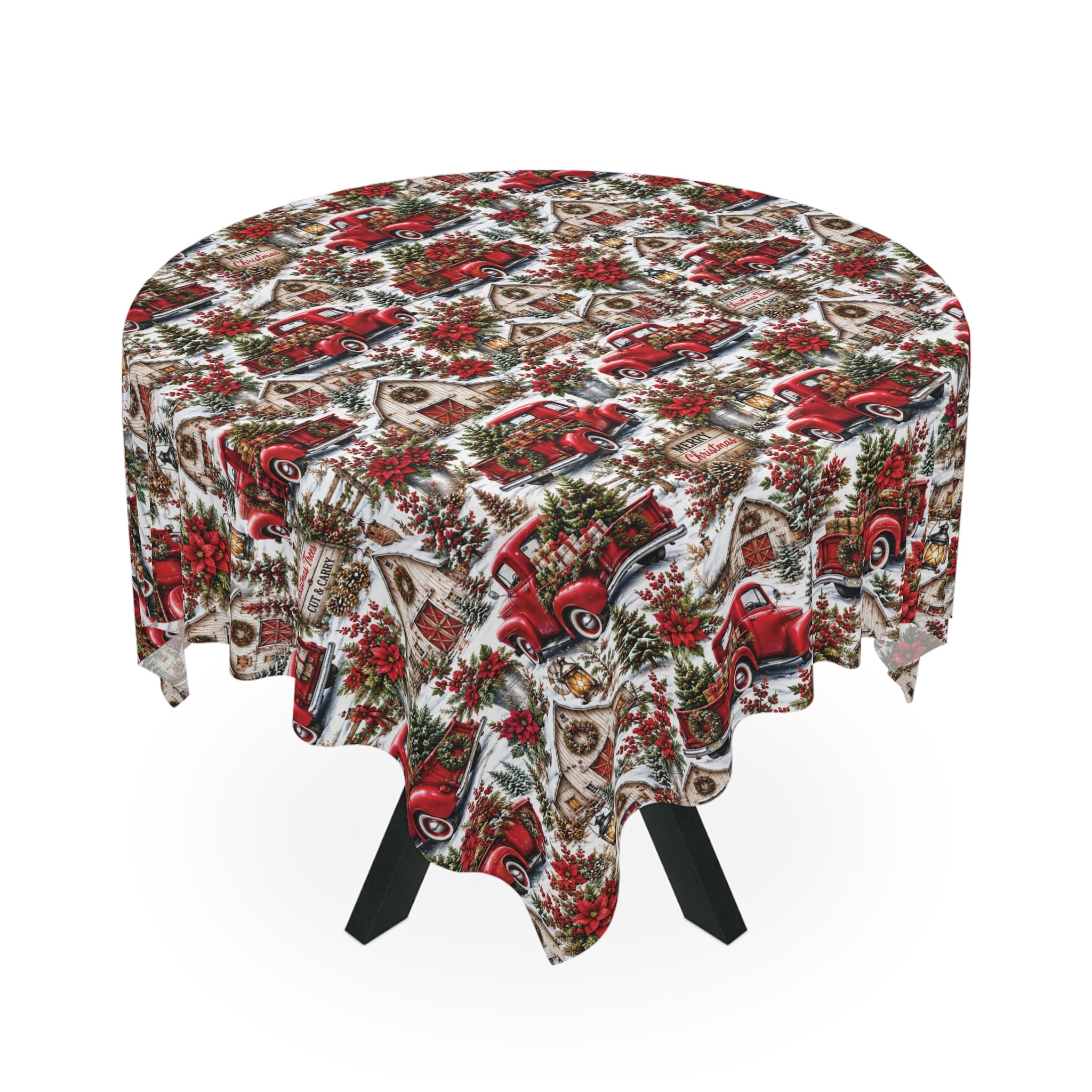 Vintage Red Truck Christmas Tablecloth — Holiday Farmhouse Plaid Decor