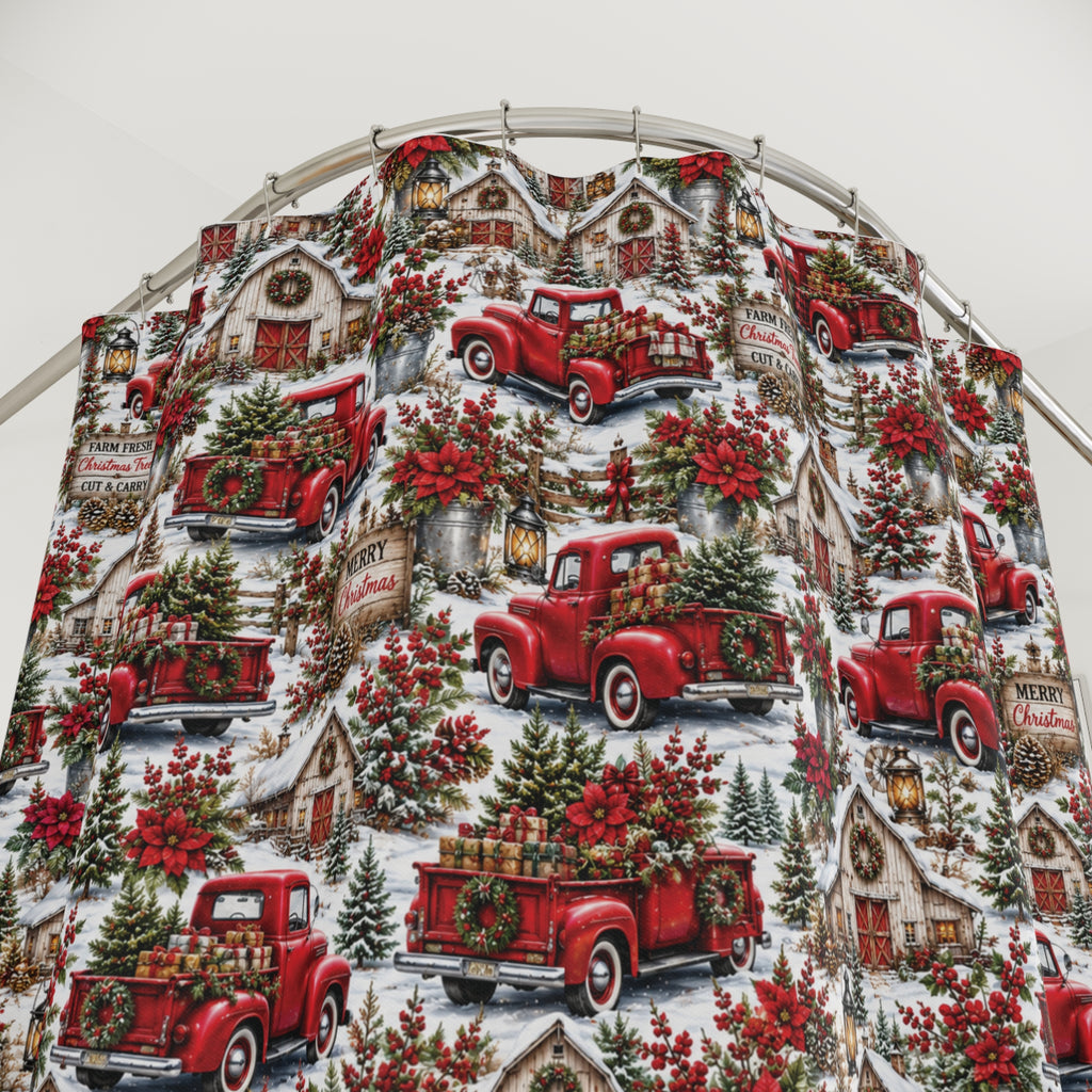 Rustic Red Truck Farmhouse Christmas Shower Curtain