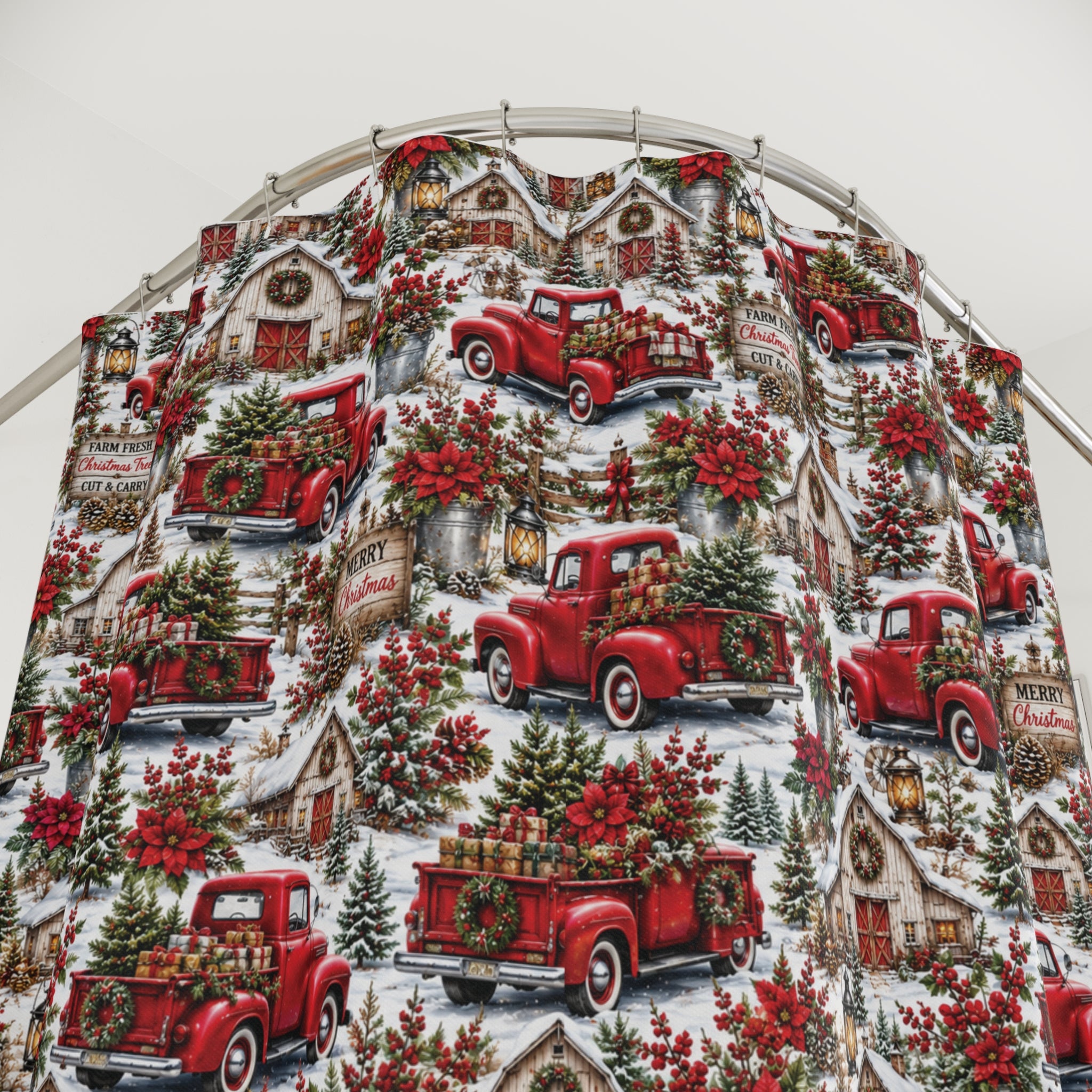 Rustic Red Truck Farmhouse Christmas Shower Curtain
