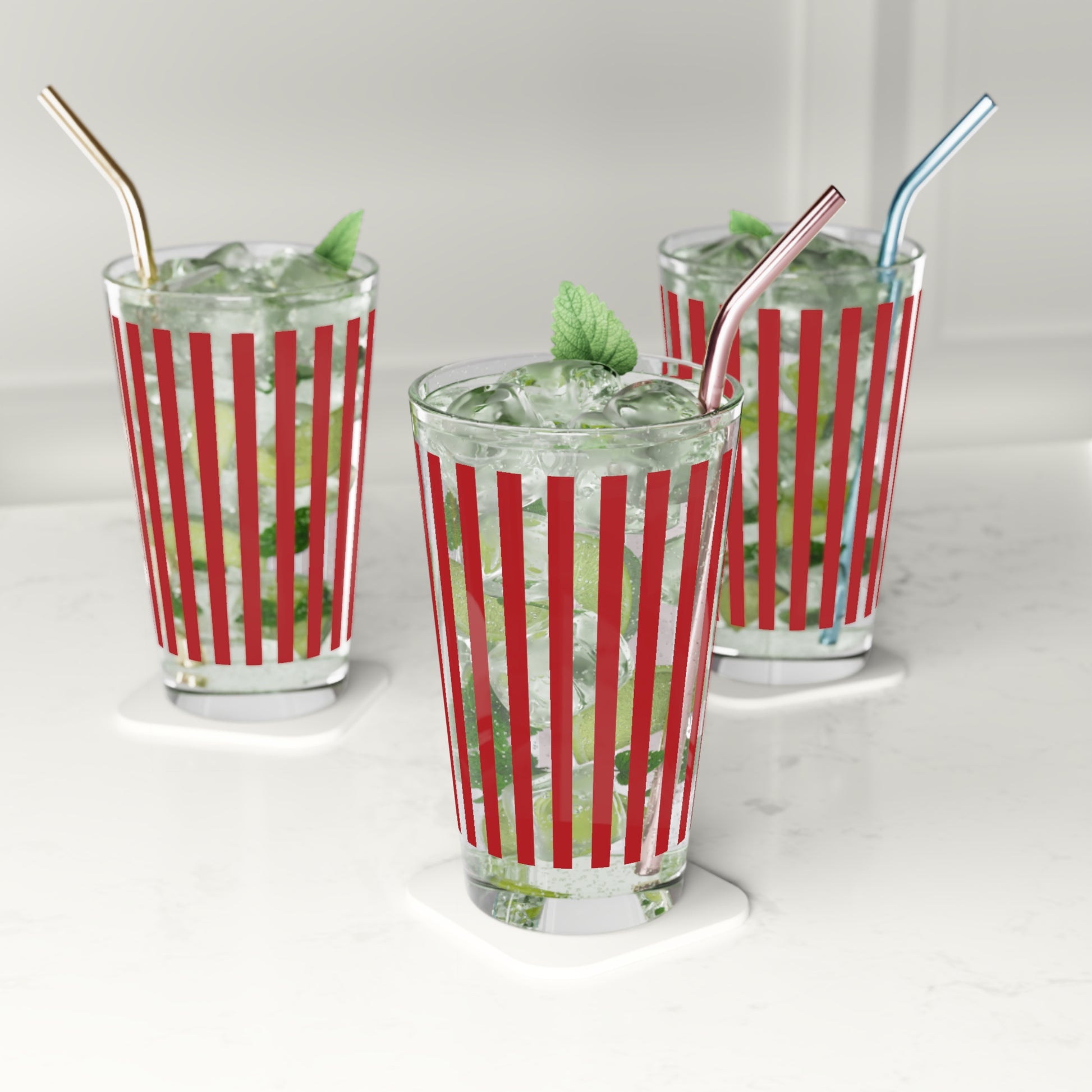 Red Stripes 16oz Pint Glass Stylish Drinkware for Home Bar, Sleek Striped Design, Durable Glass, Perfect Gift for Beer Lovers, Cocktail Enthusiasts, or Everyday Use!Perfect for Parties - MRSBYVALLE