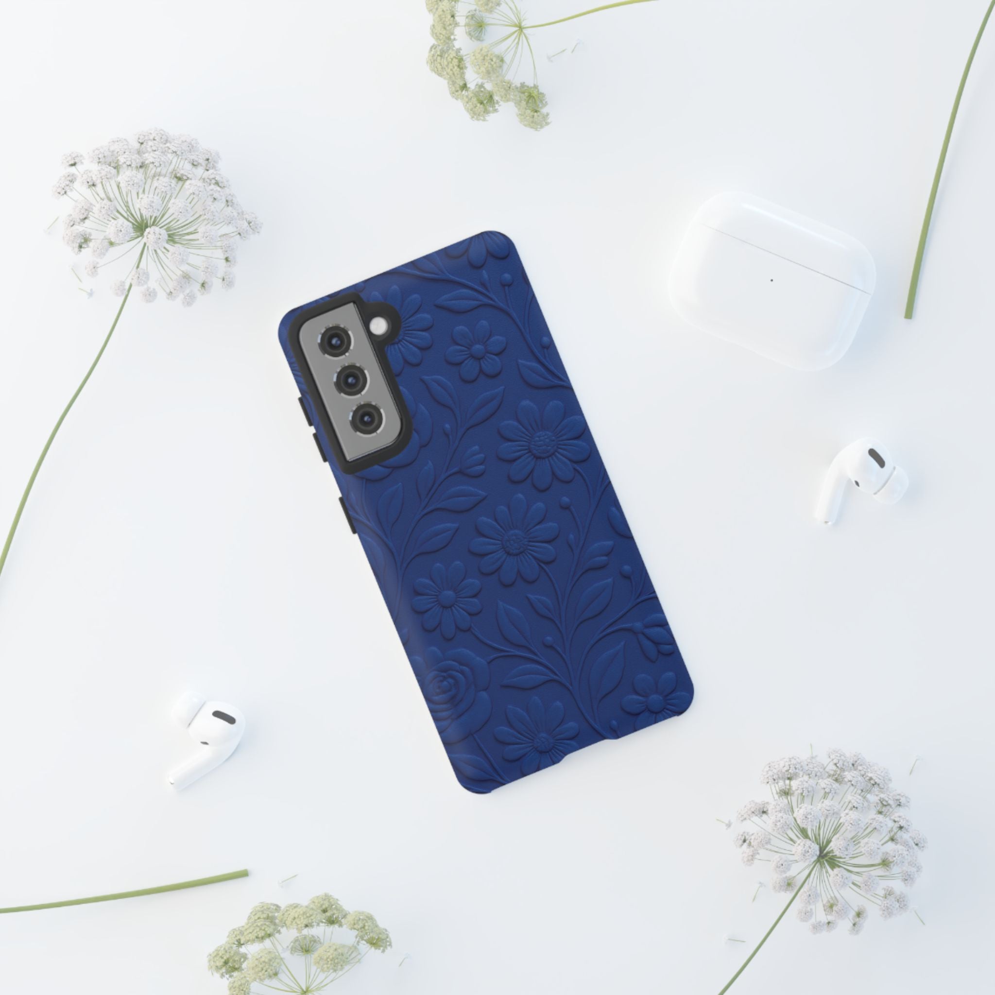 3D Illusion Floral Cobalt Blue Phone Case Elegant Raised Flower Design, Seamless Textured Look, Durable & Stylish Protection for iPhone and Android Models Fits iPhone & Samsung Models