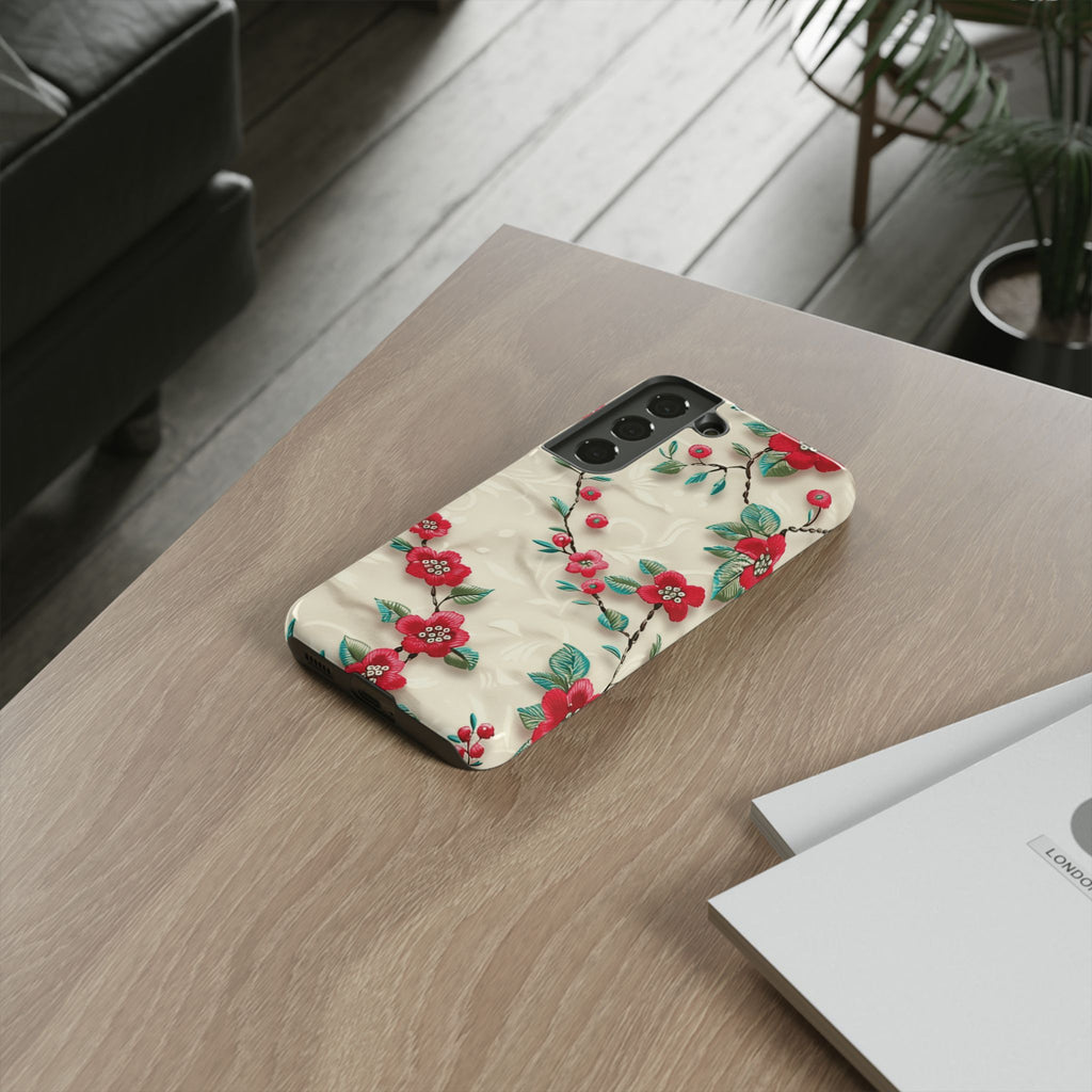 3D Embroidery Illusion Red Flowers Phone Case for iPhone, Samsung Pixel Artistic Floral Protection 15 14 13 12, 21 23 Gift for Her Perfect for Floral Lover