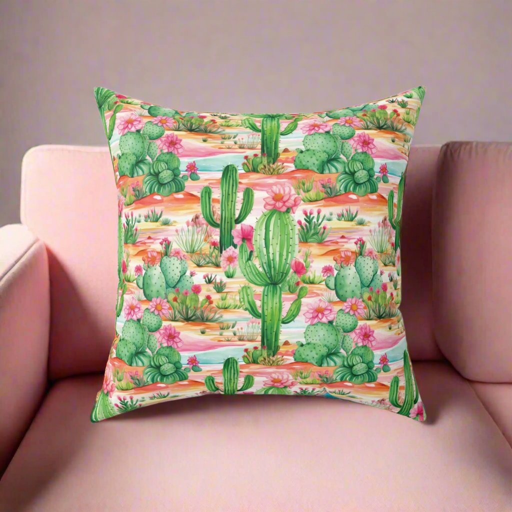 Cactus Pillow Pink and Mint Green Cactus Decorative Pillow  Stylish Square Cushion with Cactus Flowers | Vibrant Home Décor Accent for a Fresh, Nature-Inspired Look