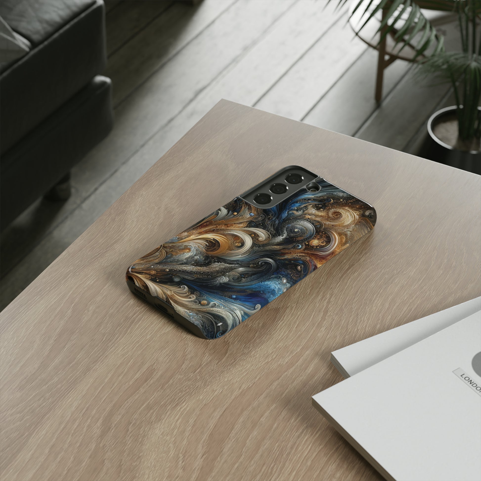 Gold and Navy Art Design Luxury Phone Tough Case Floral Elegant Durable Stylish for Modern Devices iPhone 15, Samsung iPhone Samsung Accessory Gift for Her.
