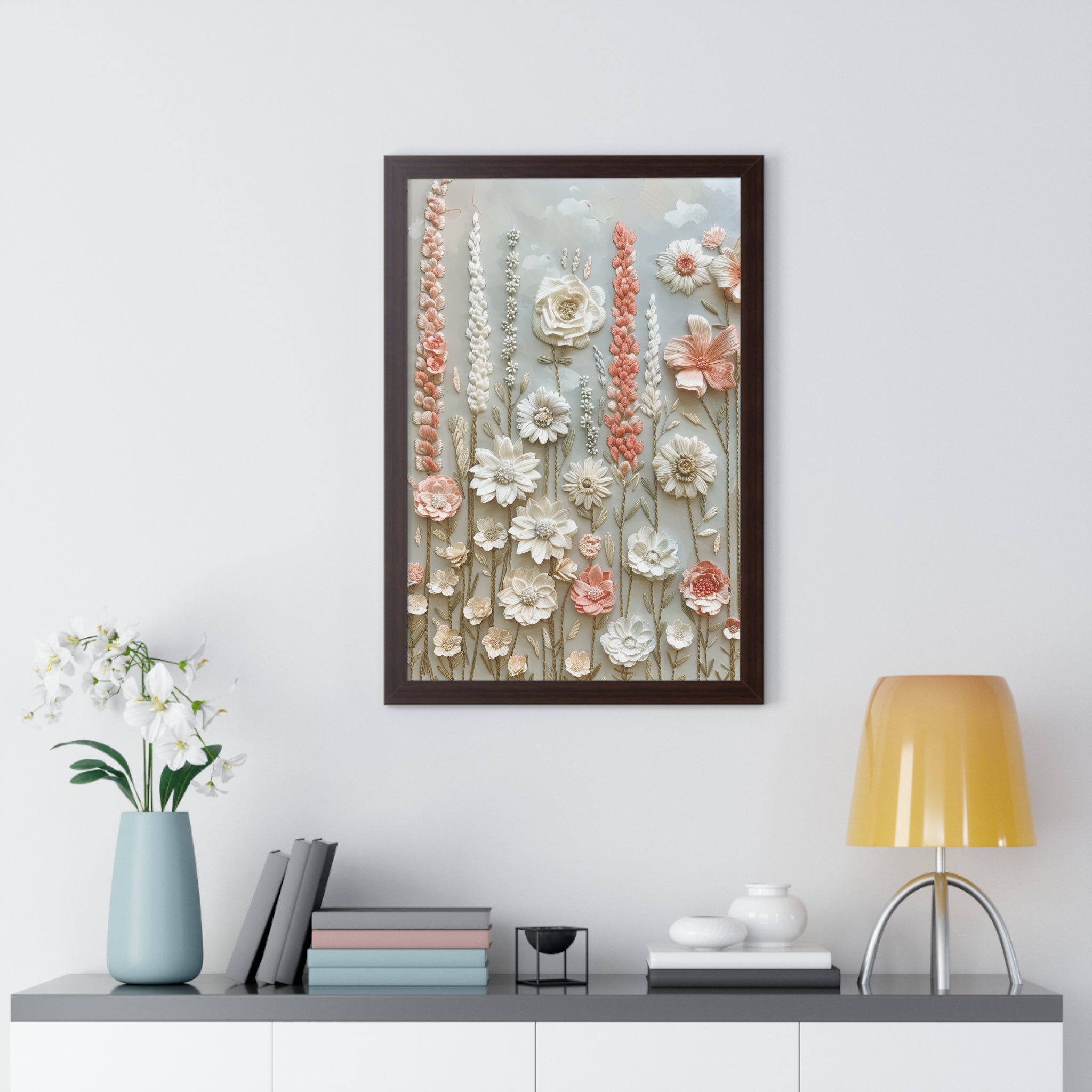 Delicate Pastel Floral Wall Art Captivating Blossom Patterns in Soft Hues and Elegant Home Décor Perfect for Living Rooms, Bedrooms, and Cozy Corners Encased in Black, White, or Walnut Frames with Durable Ready to Hang  Timelessly Crafted. - MRSBYVALLE