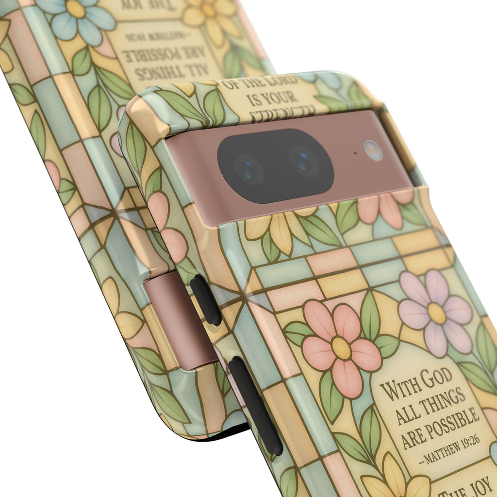 Pastel Stained Glass Bible Verse Phone Case Christian Affirmation Cover, Soft Geometric Design, iPhone Samsung Google, Faith Gift for Her Bible Verse or Affirmation | Protective, Inspirational Gift for Christians