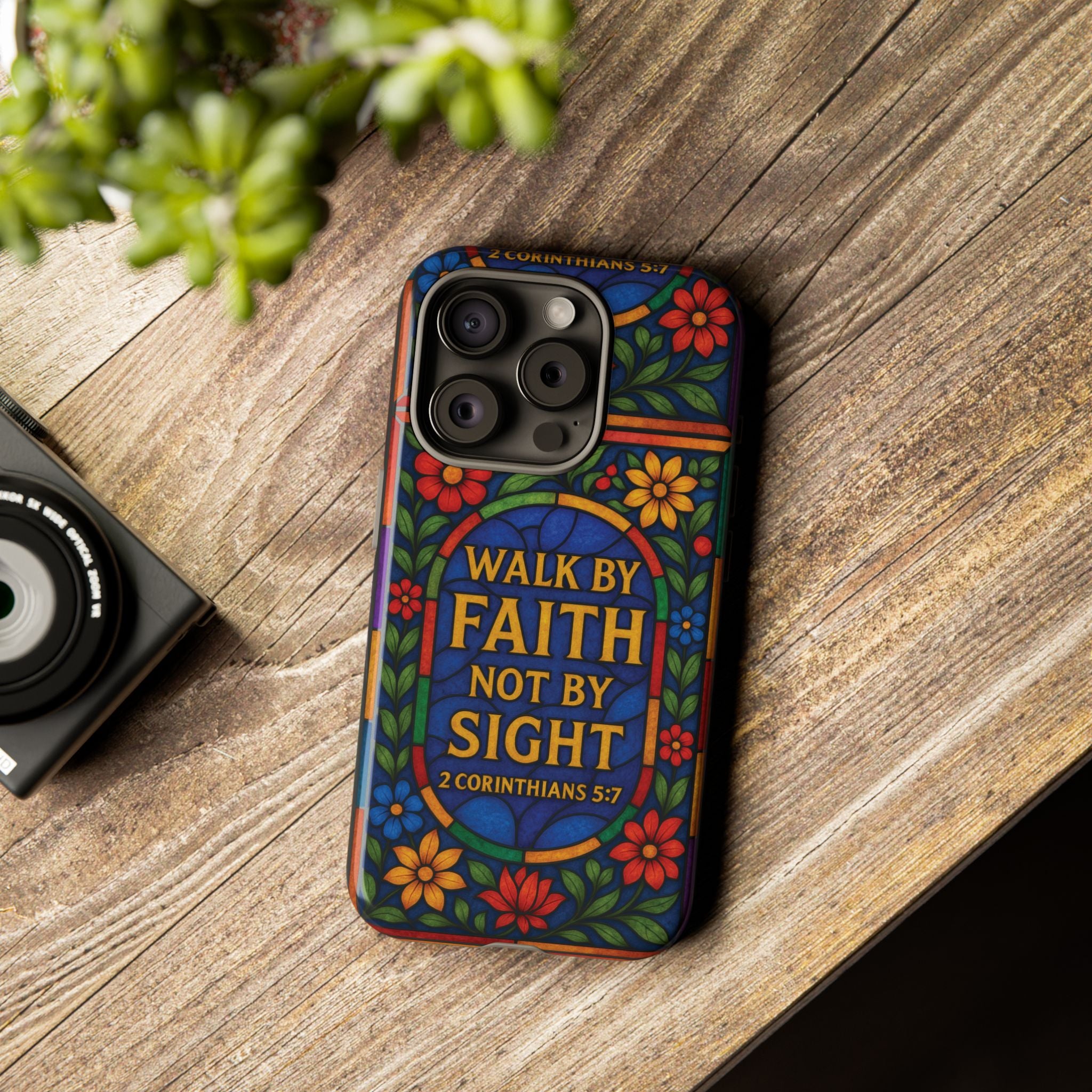 Walk by Faith Stain Glass Illusion Everywhere Christian Tough Phone Case with Bible Verse or Affirmation  Protective, Inspirational Gift for Christians