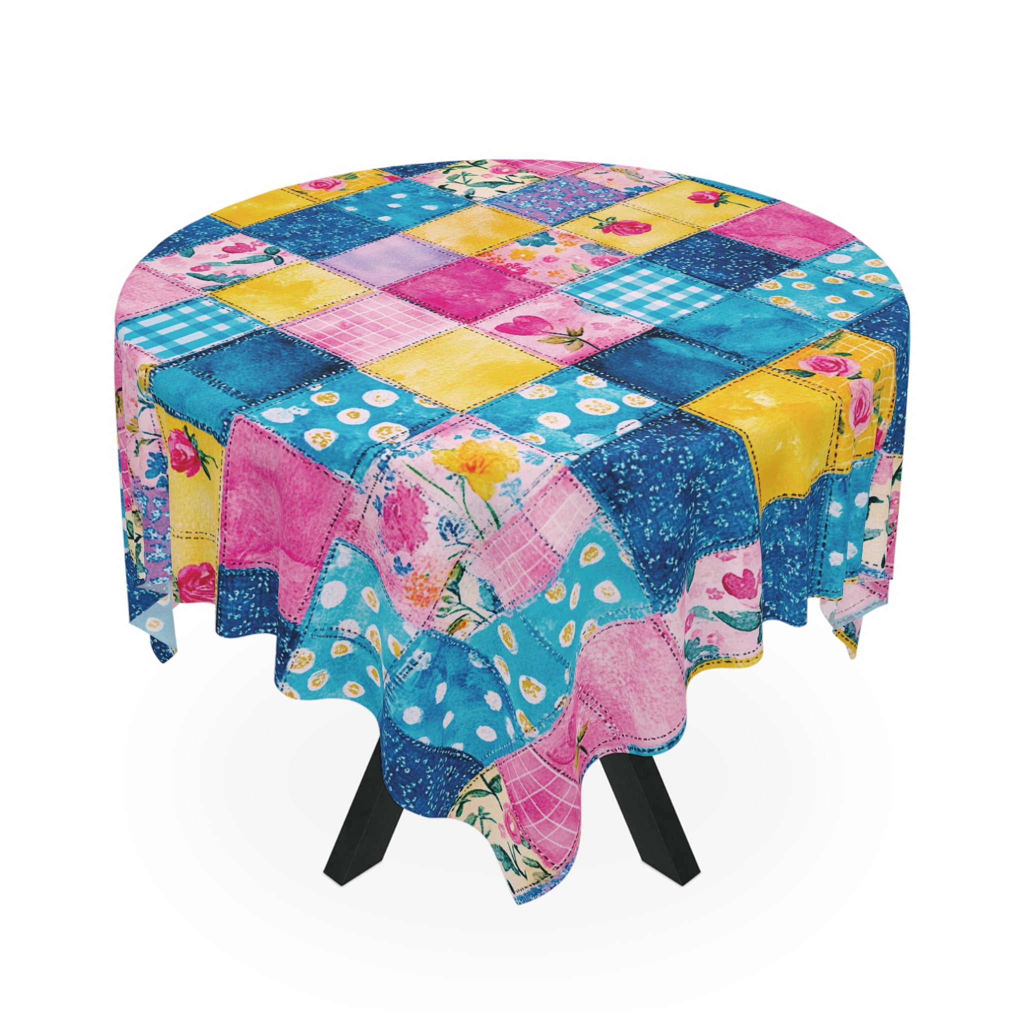Pastel Patchwork Illusion Tablecloth — Soft Vintage Floral Patchwork Table Linen
