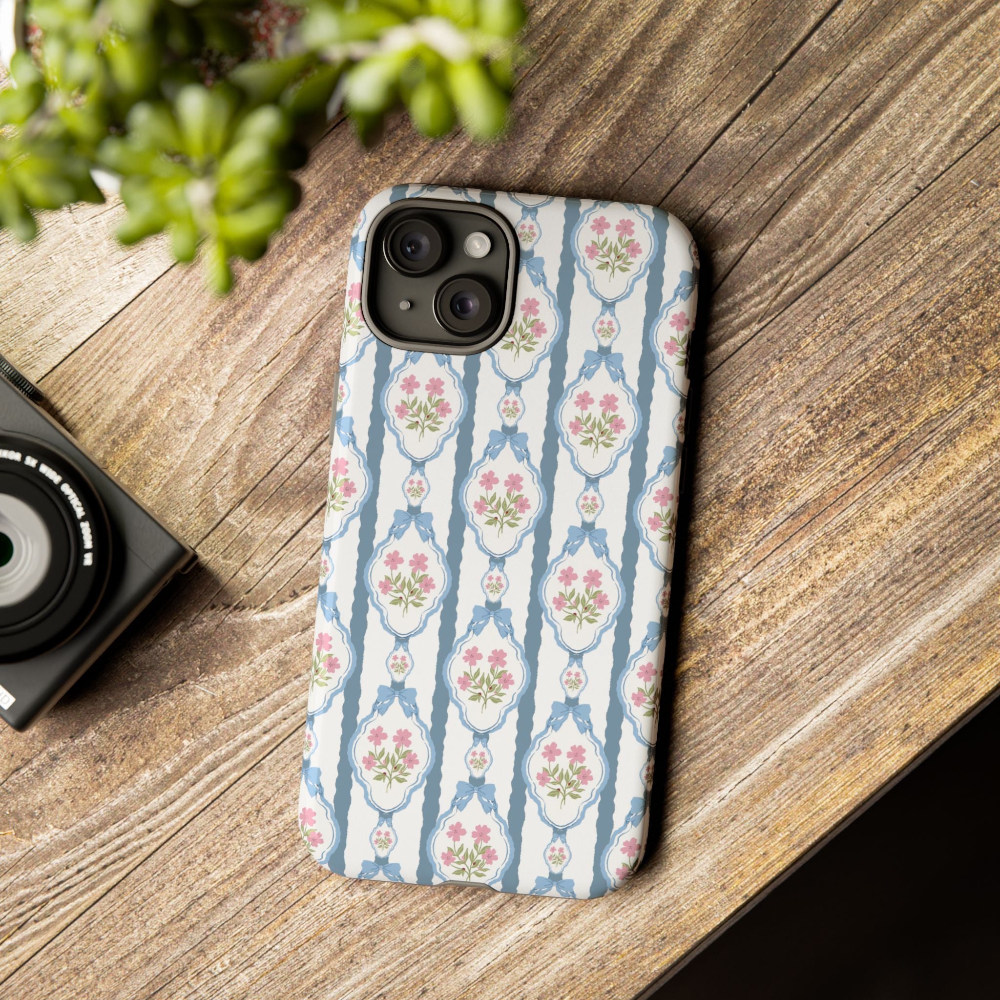 Coque de téléphone Vintage Nœud Bleu et Rose — Motif floral romantique « Tough Cases »