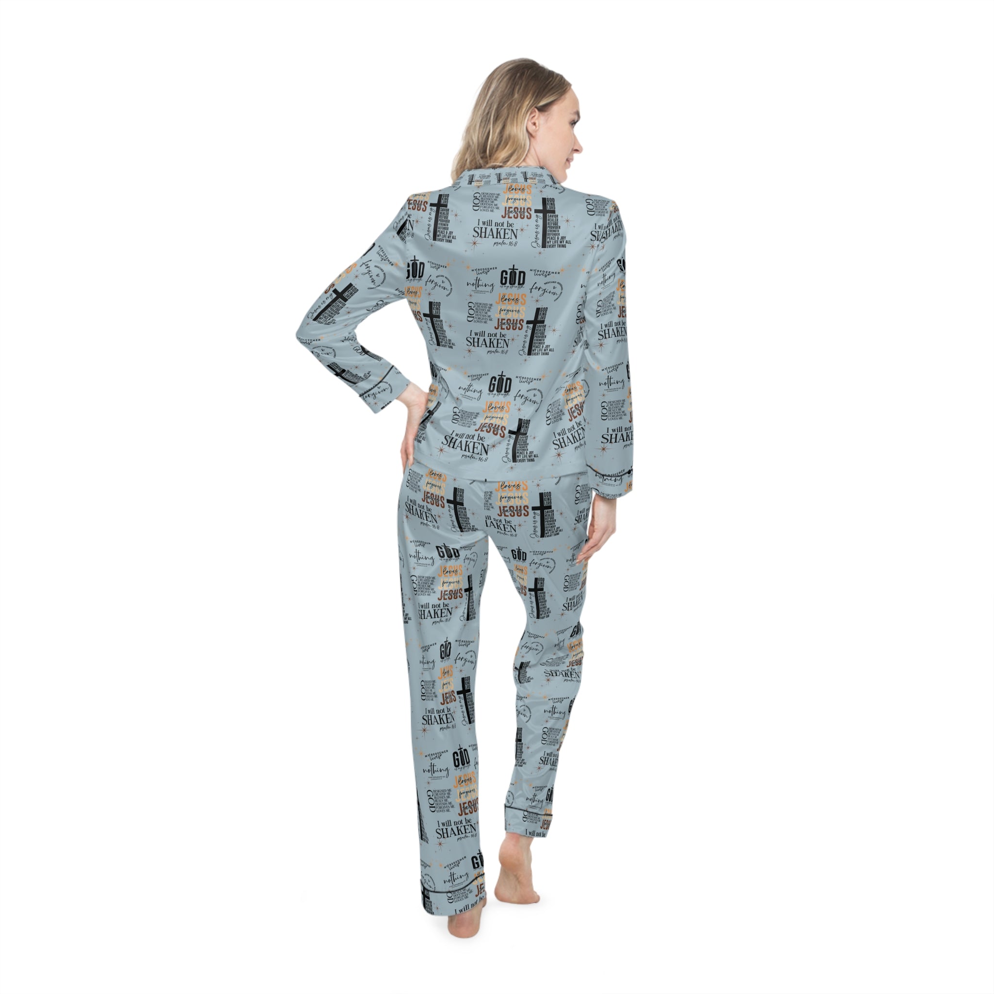 Ensemble de pyjama en satin imprimé « Foi inébranlable » – Cadeau parfait pour maman, pour une fête prénuptiale ou une soirée