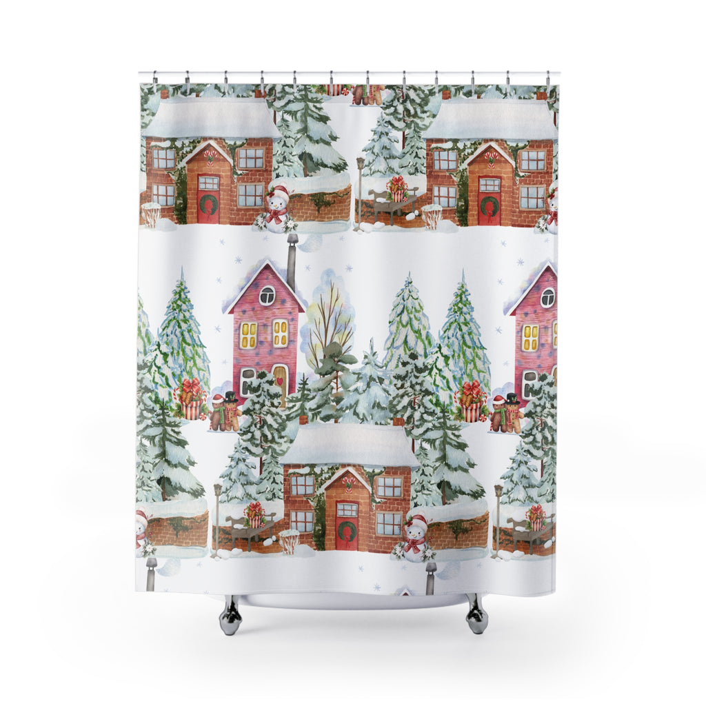 Watercolor Christmas Shower Curtain | Festive Holiday Bathroom Decor | Winter Wonderland Snowy Scene with Trees, Gifts Cozy Cheer Hooks Not Included