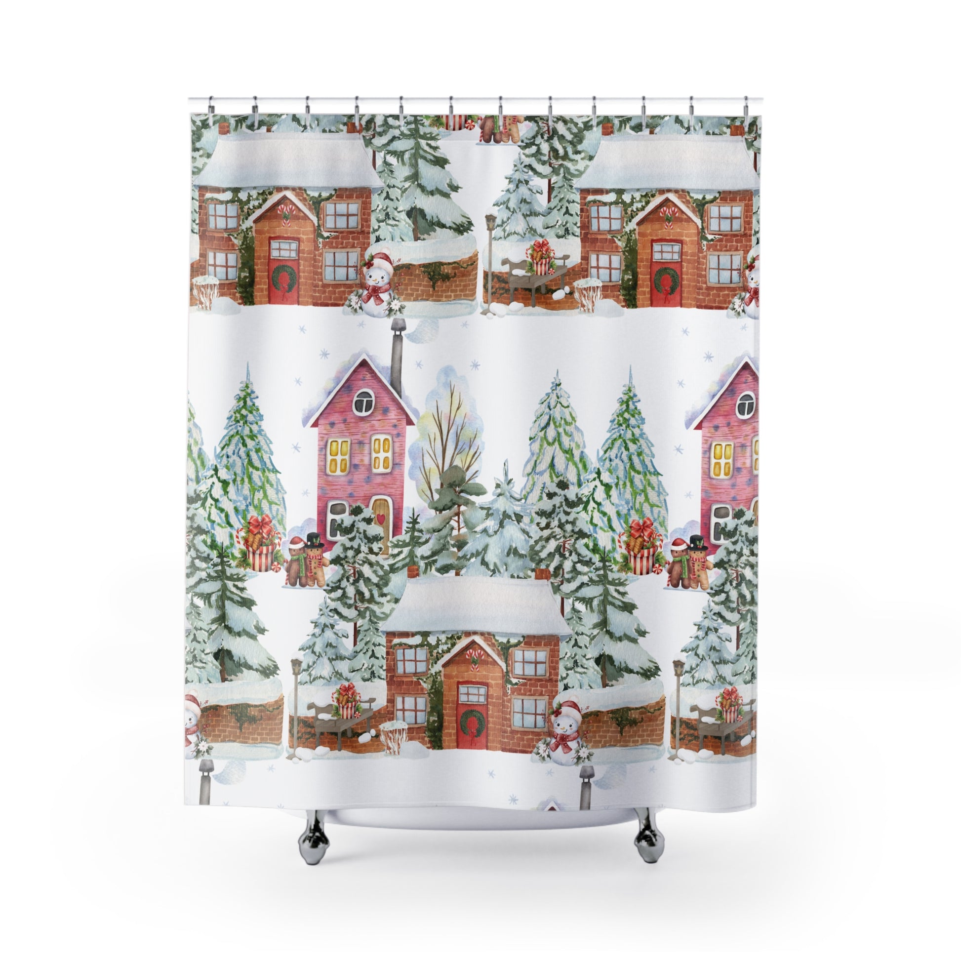 Watercolor Christmas Shower Curtain | Festive Holiday Bathroom Decor | Winter Wonderland Snowy Scene with Trees, Gifts Cozy Cheer Hooks Not Included