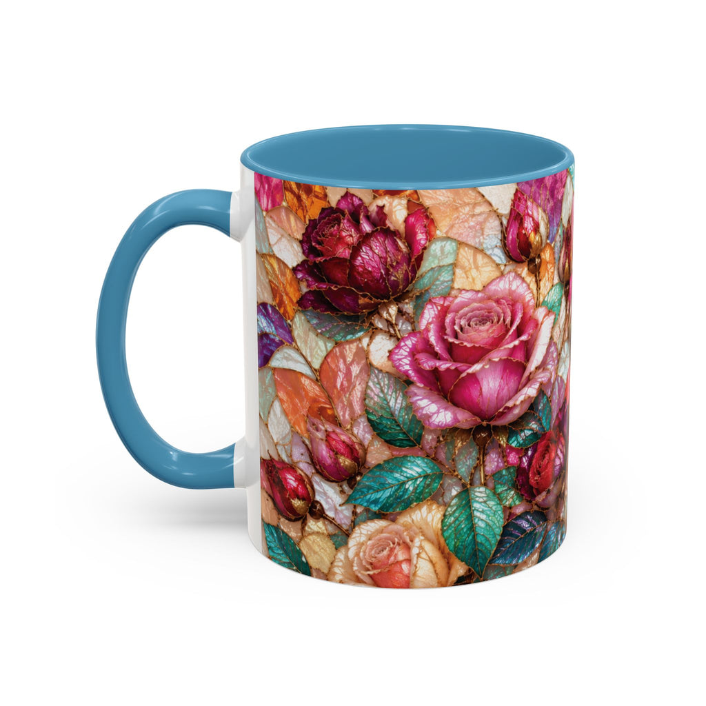 Floral Stained-Glass Accent Coffee Mug Colorful Rose Pattern (11/15 oz) Gift for Her