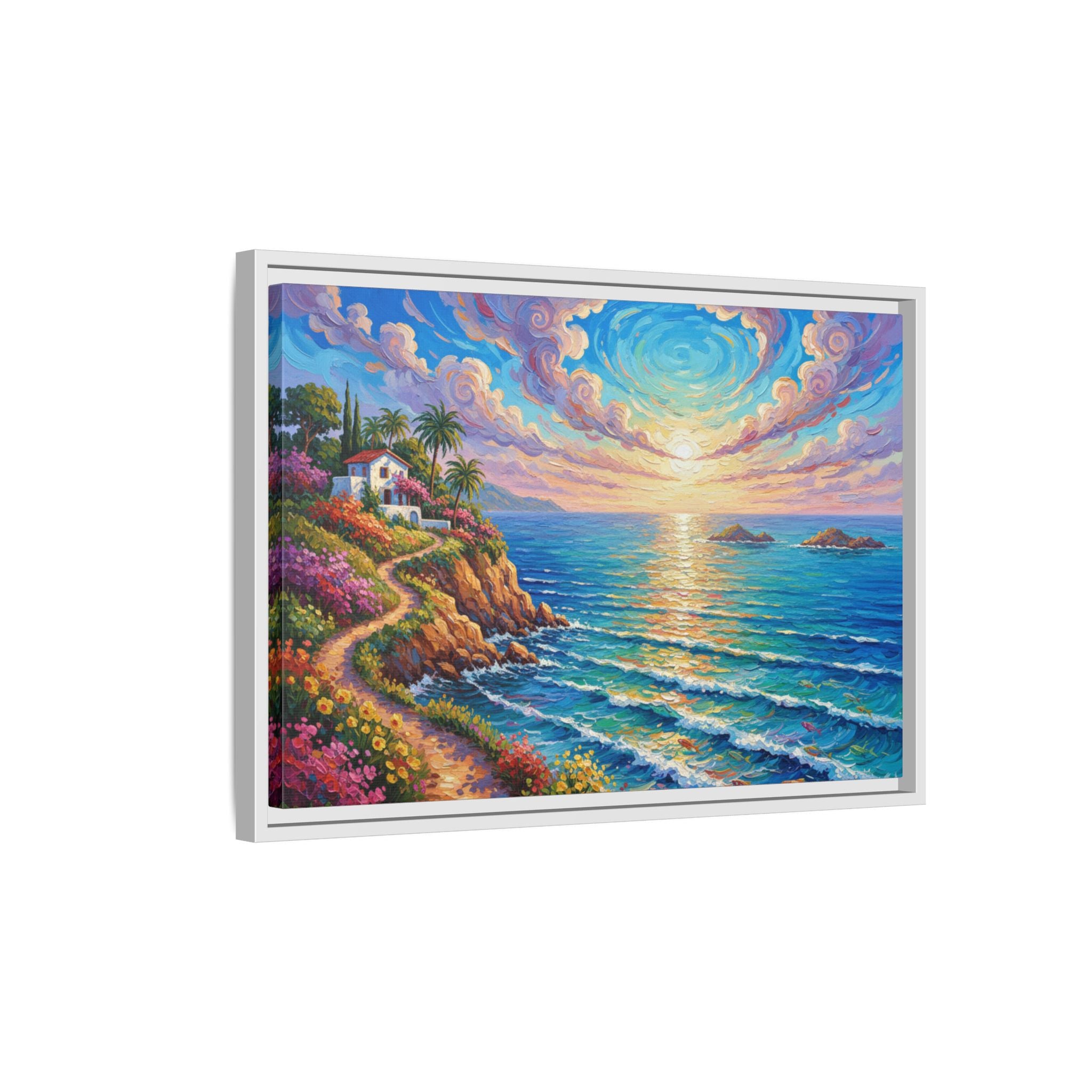Toile imprimée florale océanique | Décoration murale colorée et lumineuse de paysage marin, œuvre d'art de bureau encadrée et mate