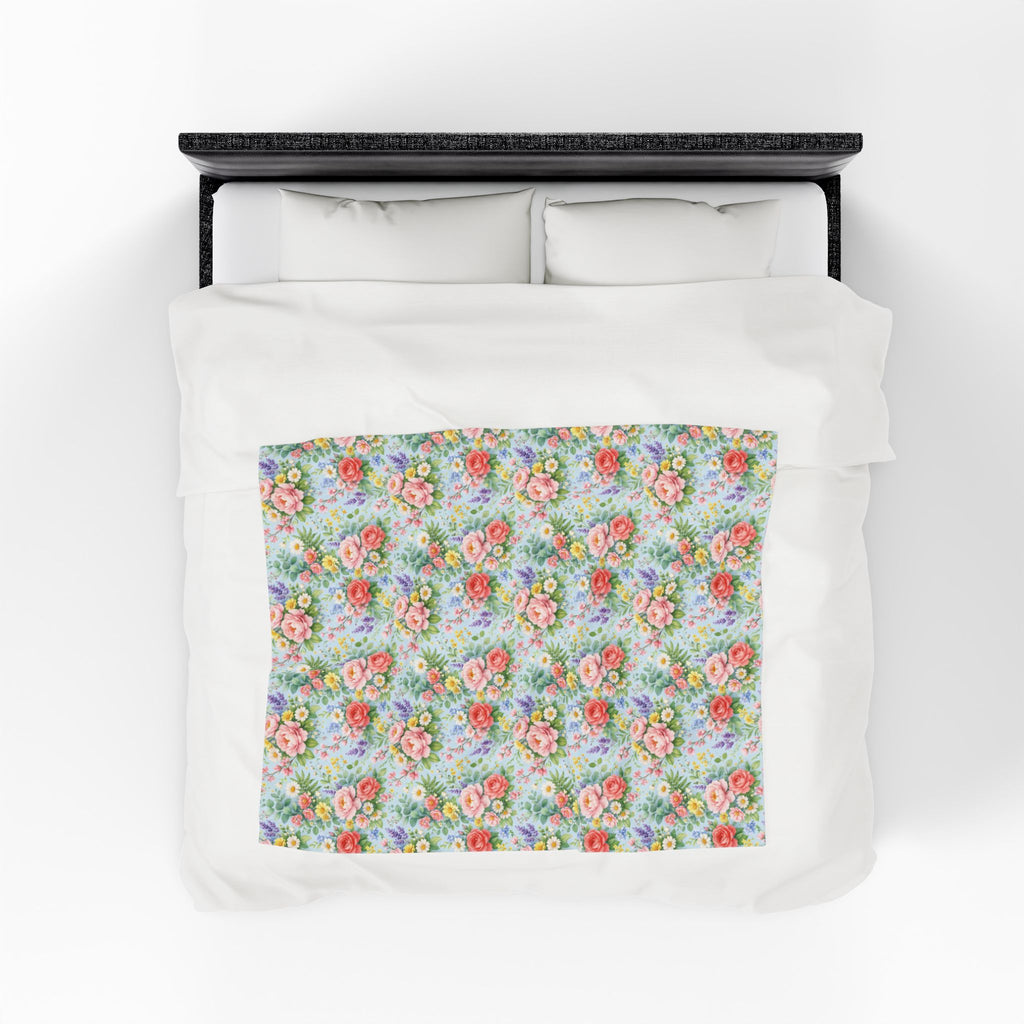 Icy Blue Watercolor Floral Velveteen Plush Blanket — Soft Floral Throw for Cozy Home & Gift