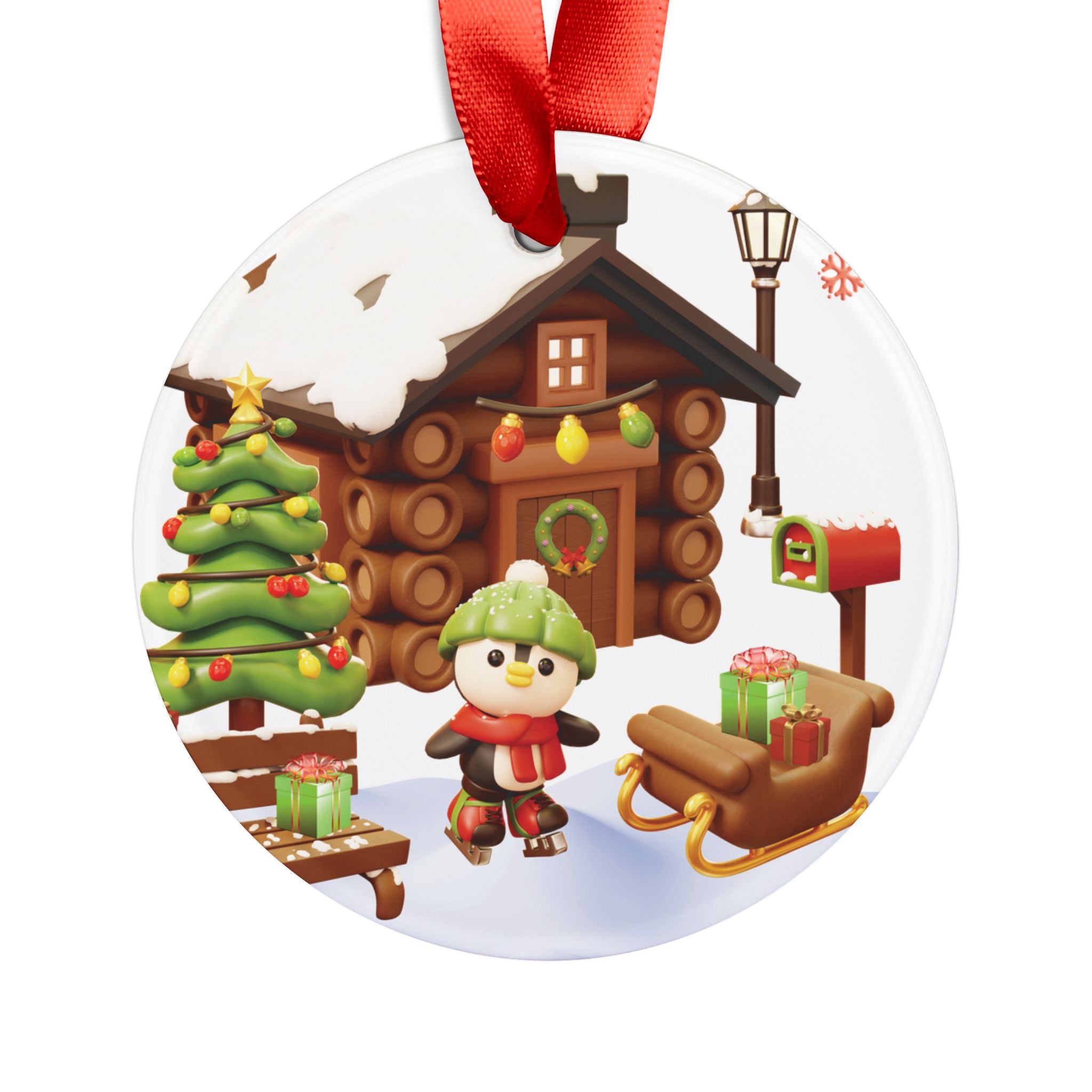 3D Illusion Christmas Penguin Ornament Cute Winter Penguin by Snow Cabin Scene, Acrylic Holiday Keepsake, Festive Tree Decoration 2.90Gift for Family