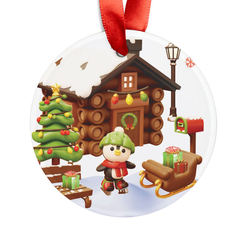 3D Illusion Christmas Penguin Ornament Cute Winter Penguin by Snow Cabin Scene, Acrylic Holiday Keepsake, Festive Tree Decoration 2.90Gift for Family
