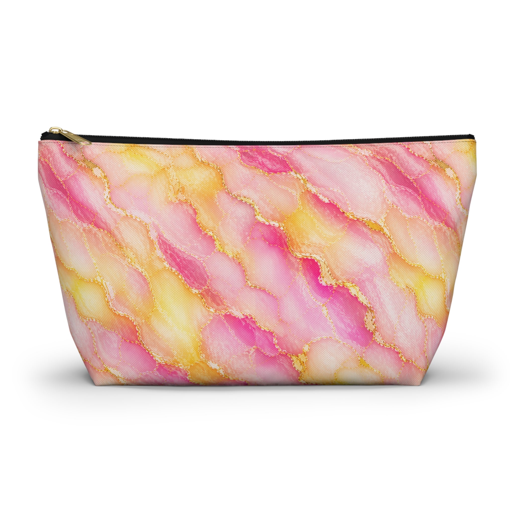 Pink & Gold Watercolor Marble Makeup Pouch — T‑Bottom Accessory Bag