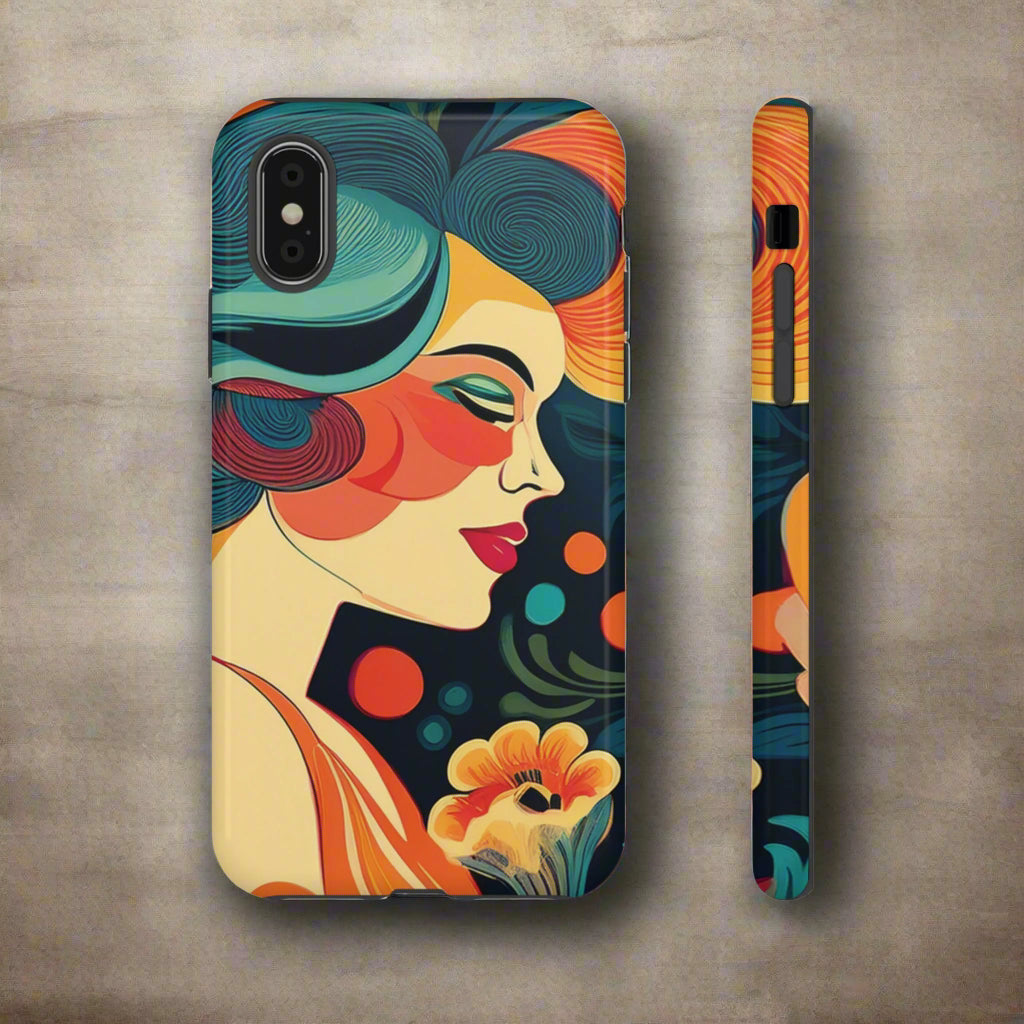 Phone case with colorful design of a woman's face and flowers on a white background