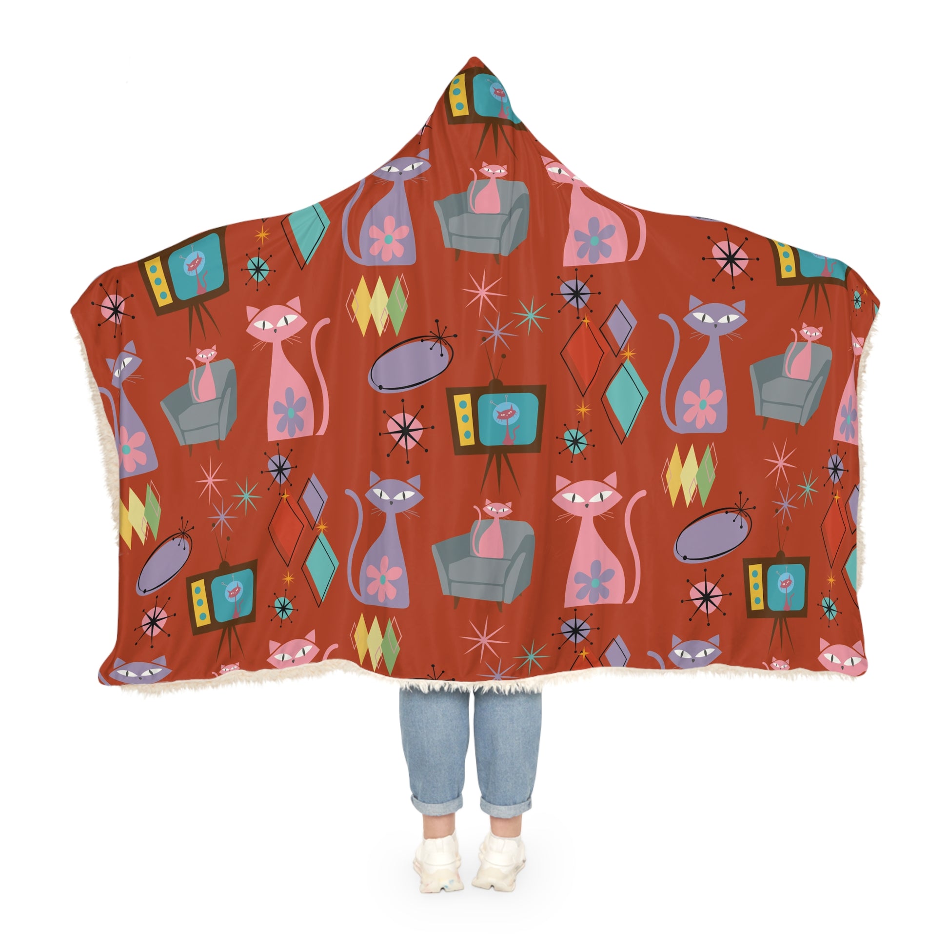 Retro Atomic Kitty Cat Hooded Blanket – Mid-Century Modern 50s Throw, Cozy Sherpa Snuggle Gift, Fun Vintage-Inspired Home Comfort Housewarming
