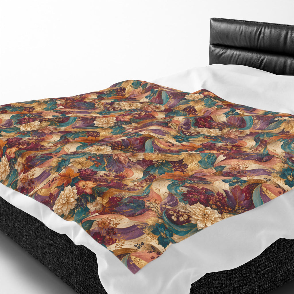 Autumn Floral Velveteen Plush Blanket Cozy Vintage  Throw Luxury Botanical Velveteen Plush Blanket Burgundy Teal Gold