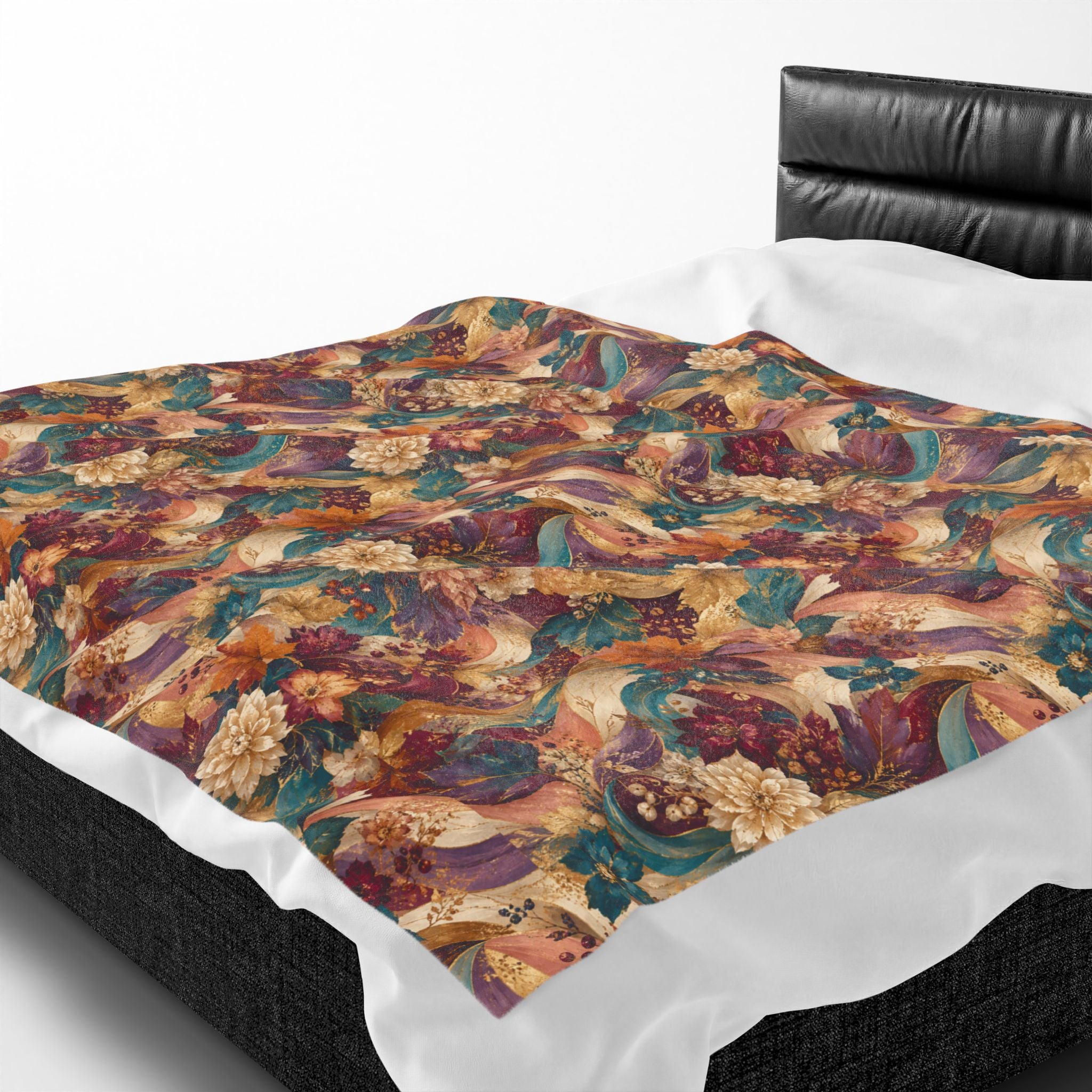 Autumn Floral Velveteen Plush Blanket Cozy Vintage  Throw Luxury Botanical Velveteen Plush Blanket Burgundy Teal Gold