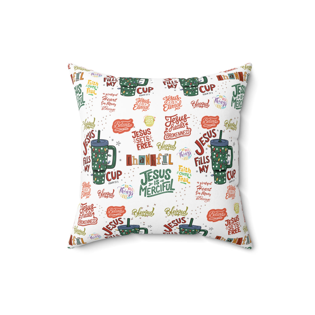 Coussin carré "Jesus Fills My Cup" – Verset biblique inspirant et affirmation chrétienne – Coussin décoratif pour la maison ou le bureau – Cadeau pour pasteur