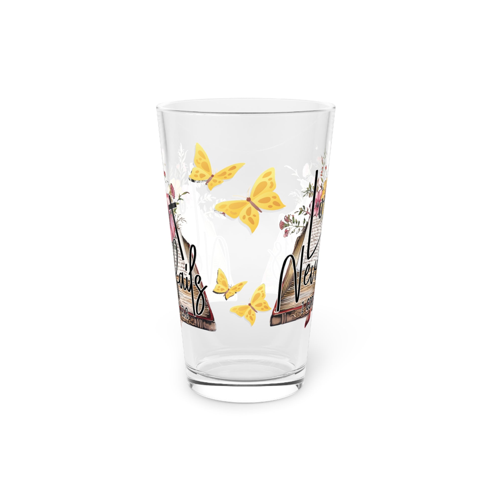Love Never Fails 16oz Pint Glass – Christian Glassware for Faith & Inspiration | Perfect for Water, Juice & More – Unique Religious Gift Idea